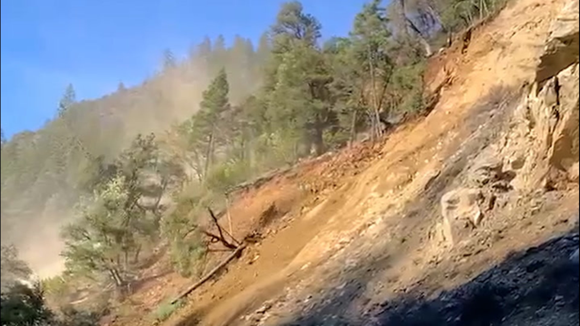Transportation workers filmed this video on Jan. 20 of a landslide near Happy Camp, California, as an entire slope collapsed, sending debris onto Highway 96.