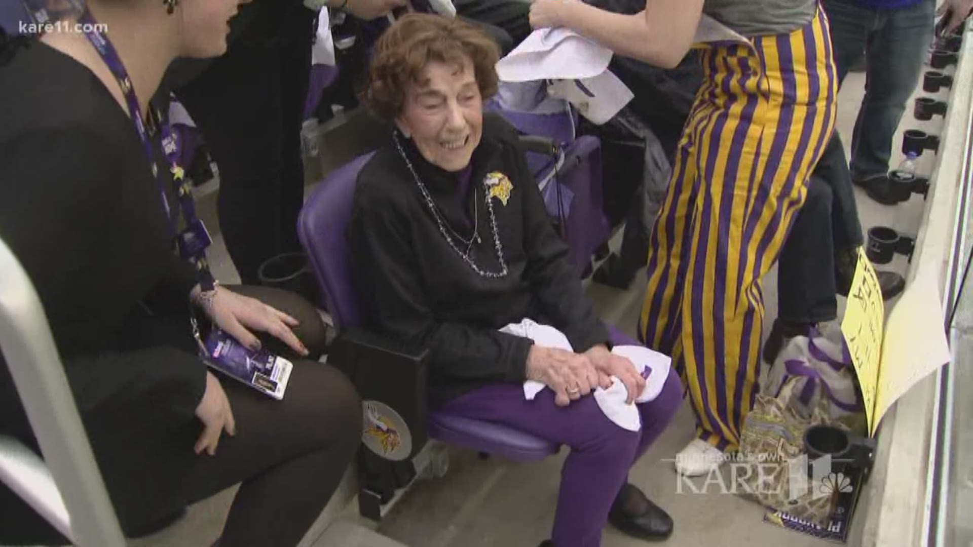 Ninety-nine-year-old Millie Wall saw a pretty epic ending at her first Vikings game. Now, she's been given tickets to the Super Bowl. http://kare11.tv/2mDJRmb
