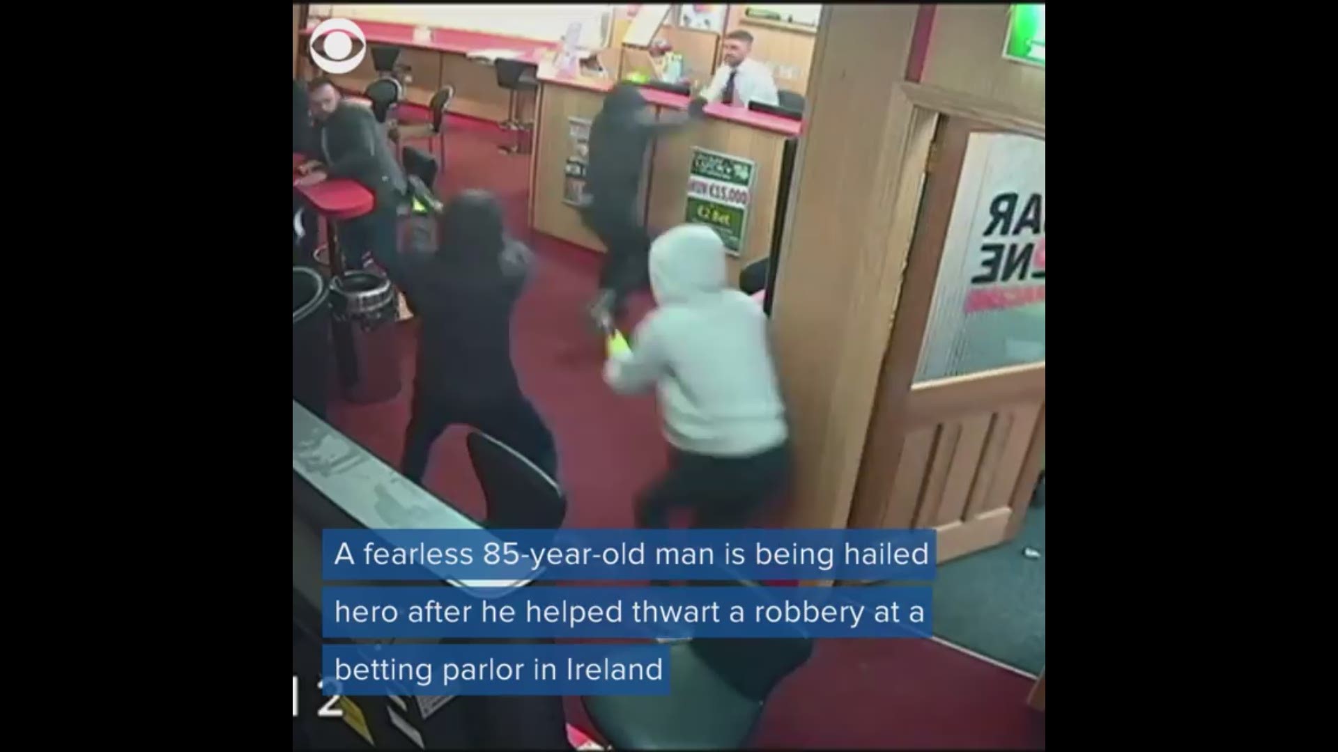 Video showed Denis O'Connor sitting at Bar One Racing in Glanmire, County Cork, on Saturday evening when the masked would-be thieves burst into the venue.