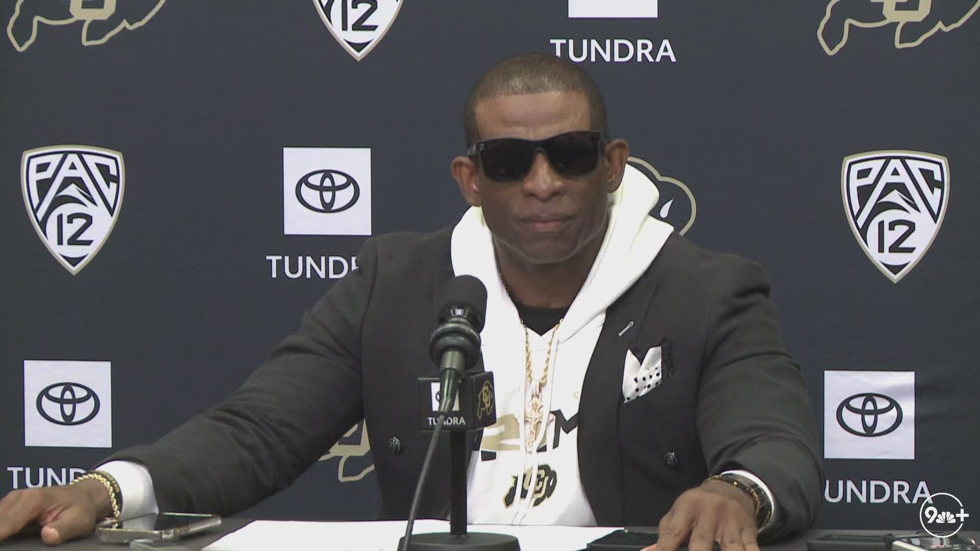 Deion "Coach Prime" Sanders and members of the University of Colorado Buffaloes speak after their victory over Nebraska.