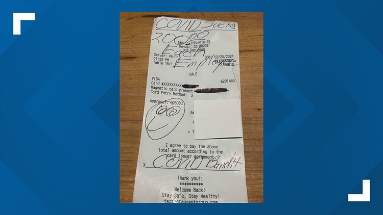 'COVID Bandit' strikes again with $6,800 tip at Denver restaurant