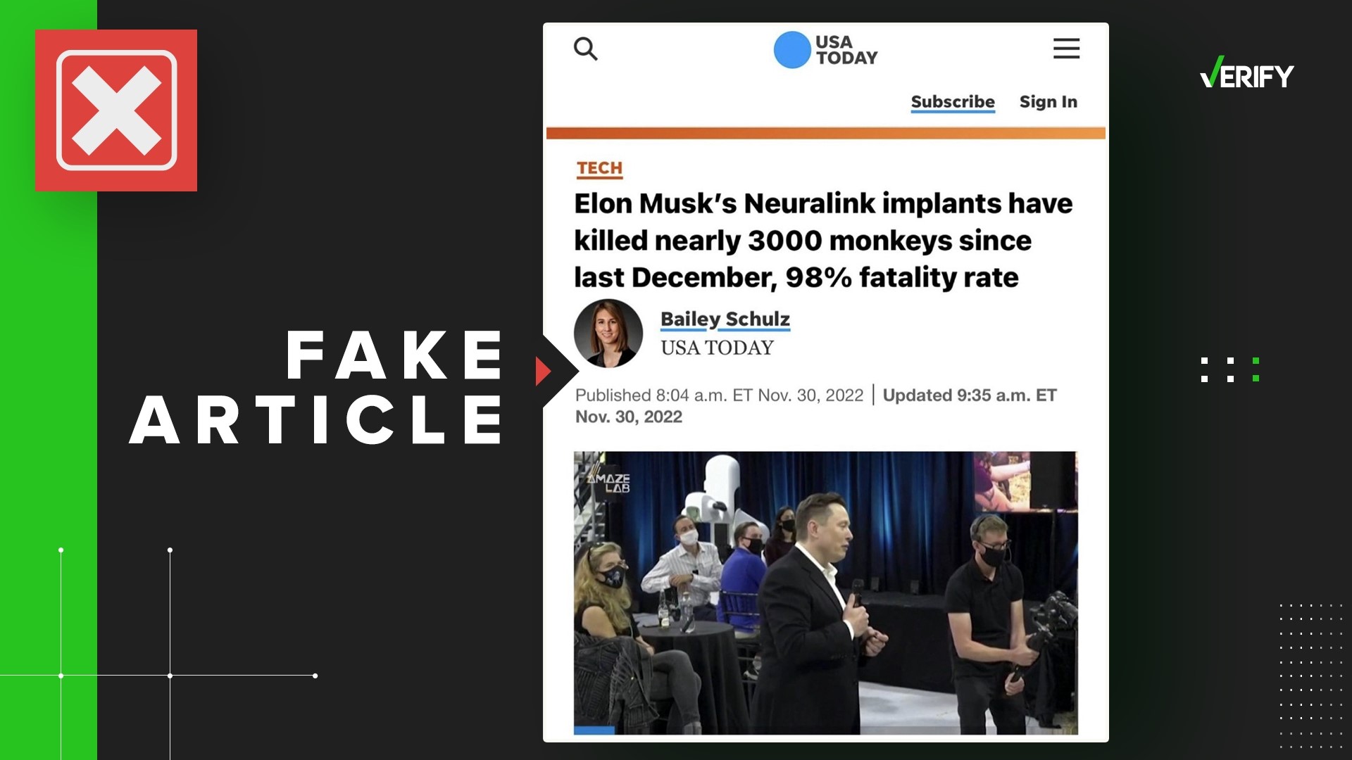 Elon Musk’s company Neuralink has admitted it’s killed some animal test subjects, but an image of an article saying it killed 3,000 monkeys is fake.