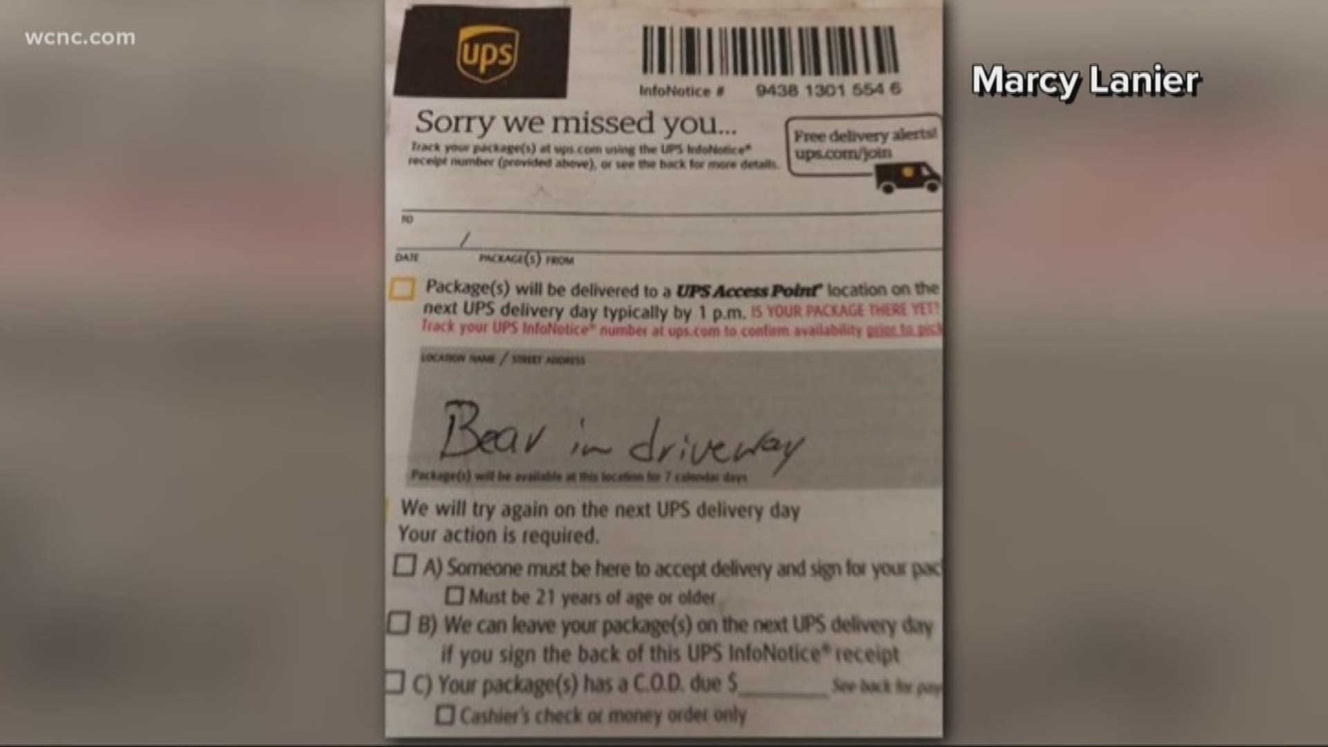 A North Carolina UPS driver had a little trouble delivering a package this week thanks to a bear blocking the driveway.