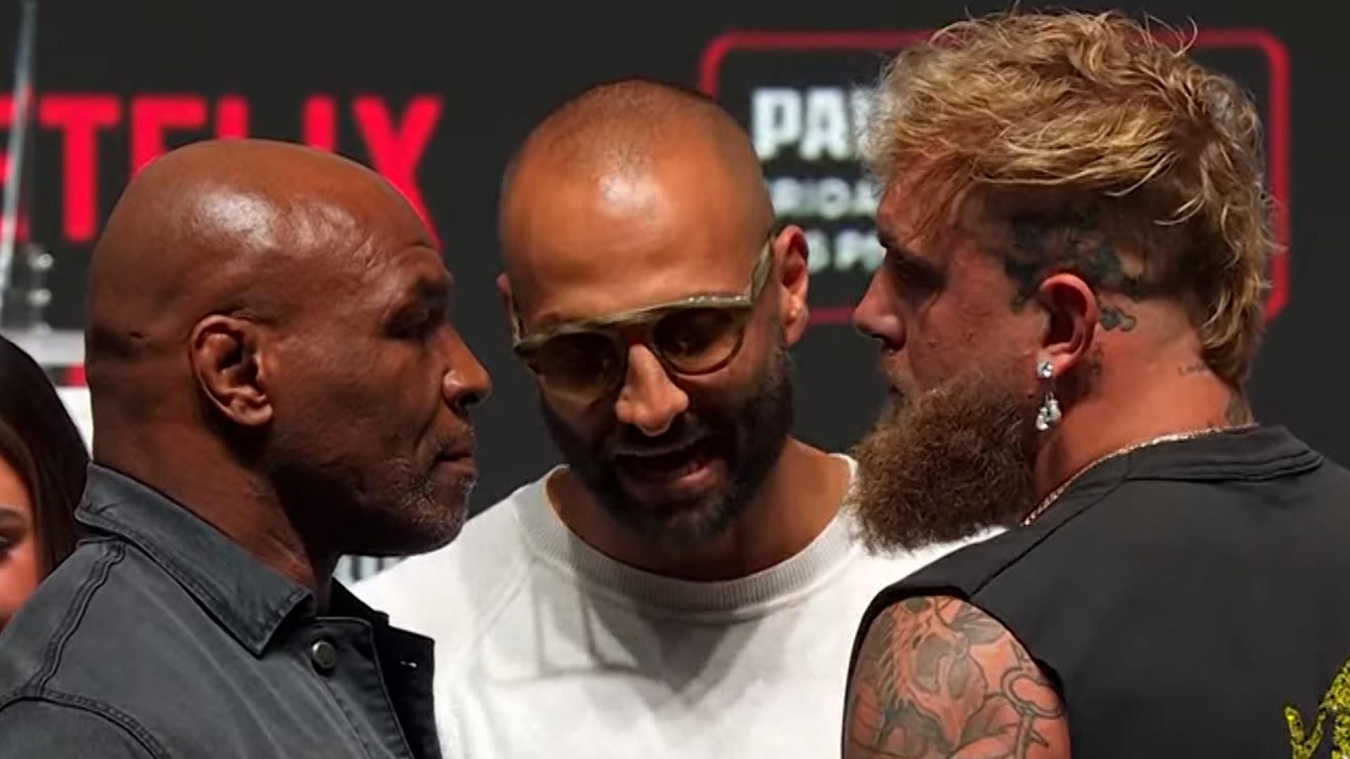 Jake Paul and Mike Tyson stared each other down at the press conference ahead of their fight on Friday, November 15, 2024, in Arlington, Texas, at AT&T Stadium.