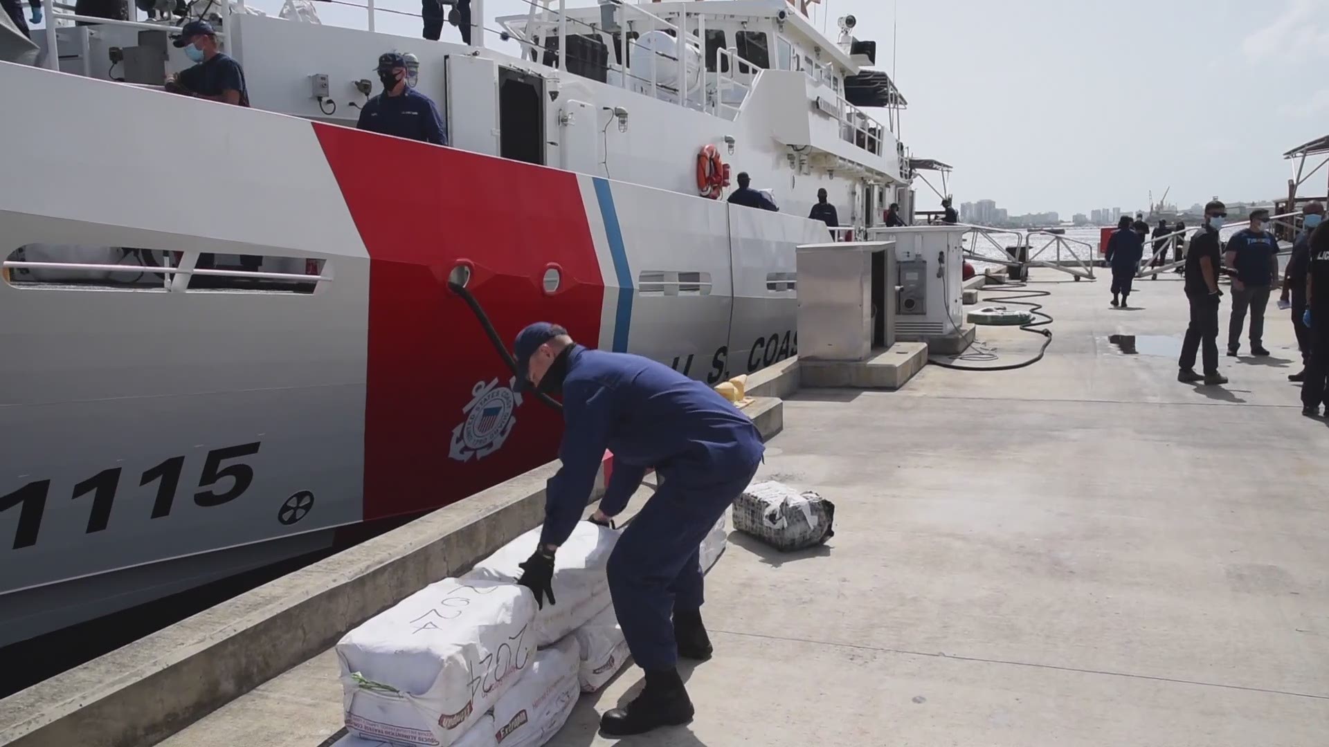 Coast Guard offloads cocaine in San Juan, following the interdiction of drug smuggling go-fast in the Caribbean Sea.