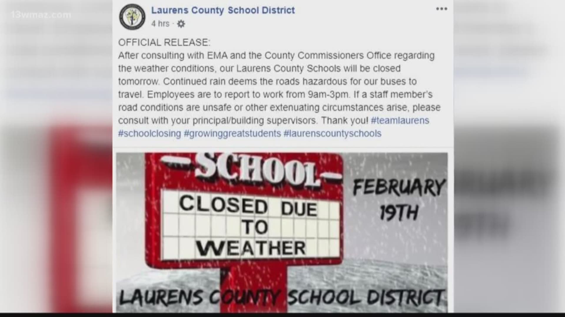 This week's rainy conditions are shutting down Laurens County schools on Wednesday.