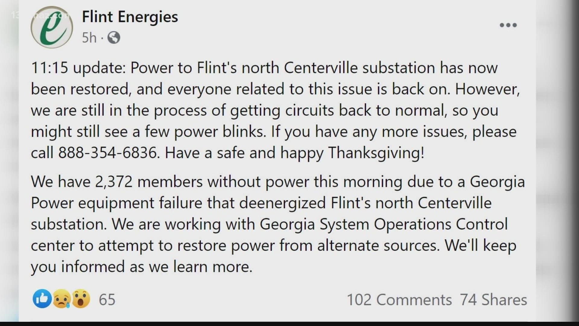 Flint posted on Facebook an update that power has been restored.