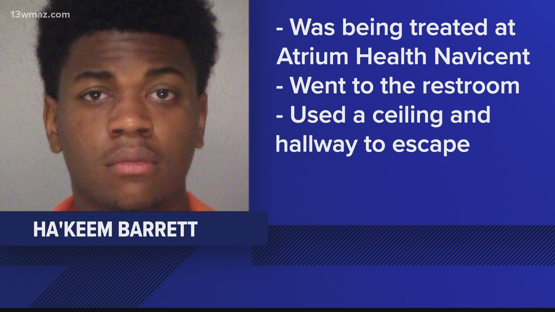 20-year-old Ha’Keem Romaire Barrett was being treated at the hospital when he escaped through the bathroom ceiling