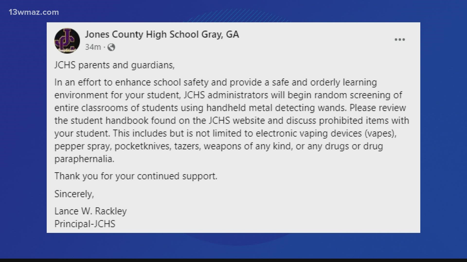 The school says administrators will start randomly screening classrooms with handheld metal detectors