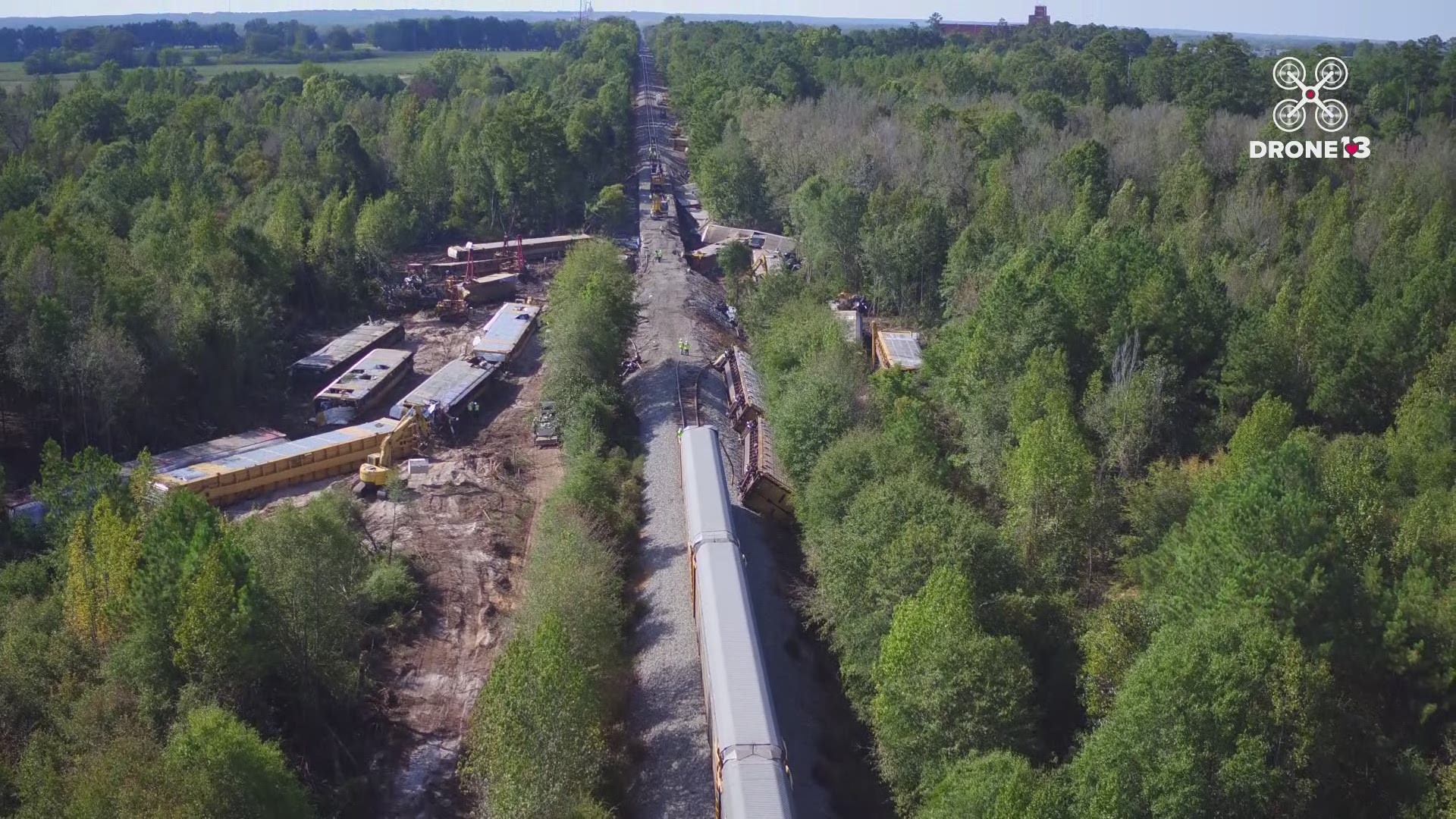 Aerial view Norfolk Southern train derailment in Houston County