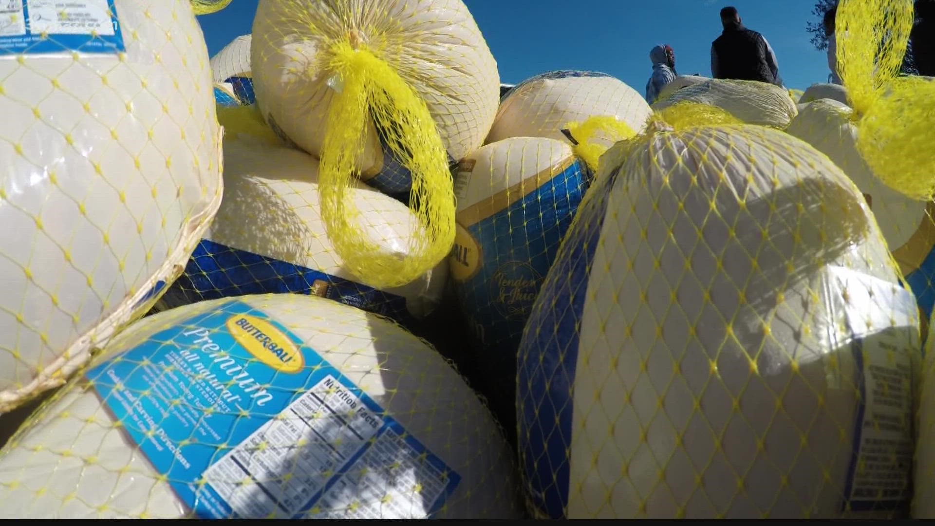 There were 2,500 turkeys and bags filled with all the thanksgiving fixings, like macaroni and cheese, corn bread, stuffing, corn, etc.