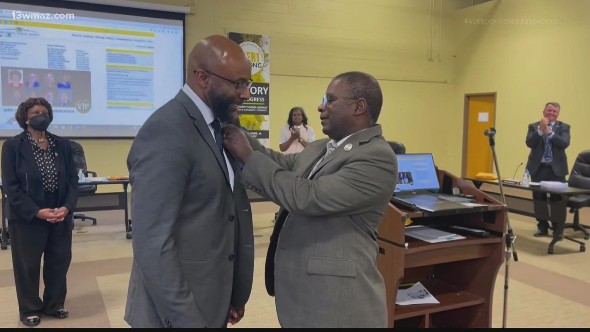 Sims received an official Bibb County BOE pin about a month ago the night he was named the district’s sole finalist for superintendent