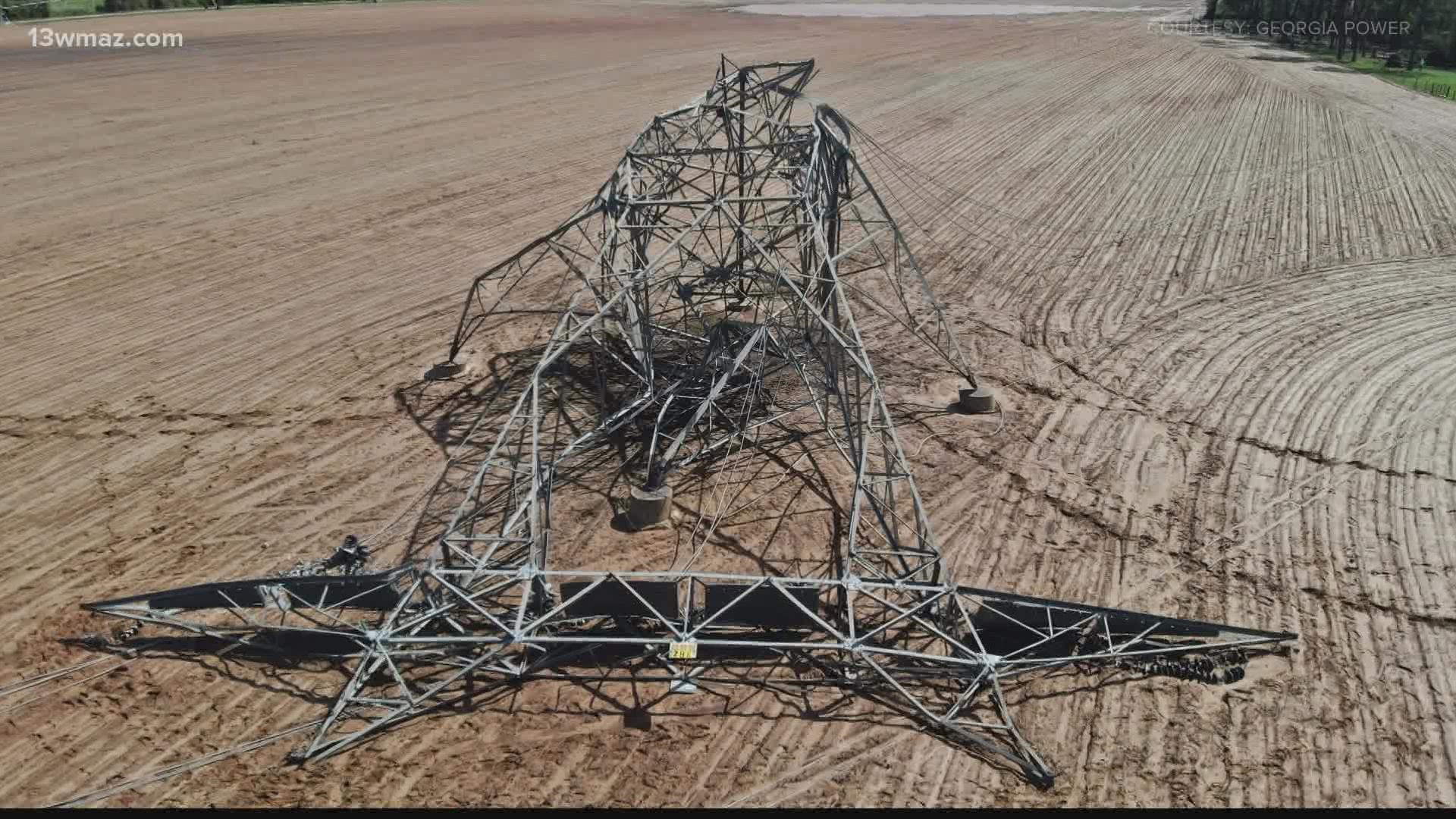 The powerful winds even toppled two out of three 50,000-pound power transmission towers in Houston County.