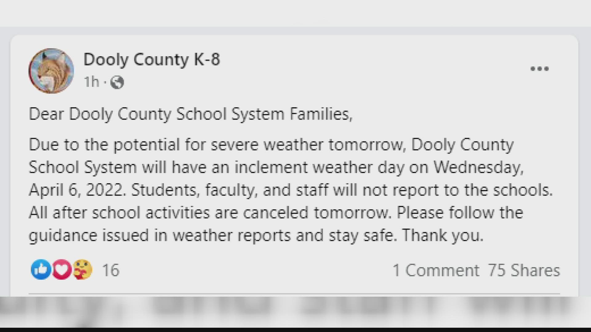 Students and staff will not report to school in Dooly County because of the potential for more severe weather Wednesday
