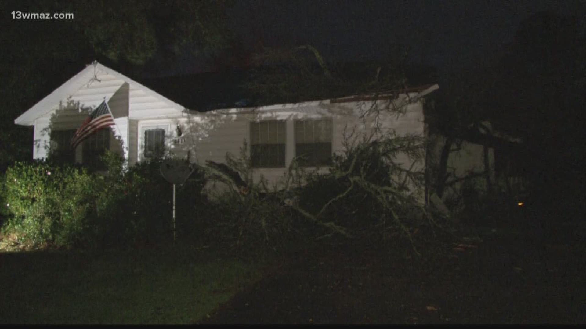 Neighbors react as a tree falls on the home next door on Buena Vista Avenue off Houston Avenue in south Bibb County.