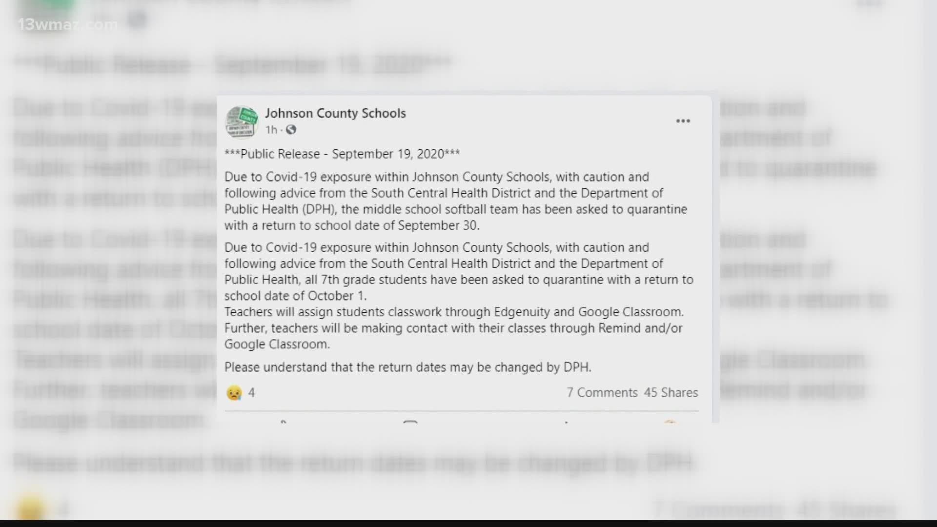 Johnson County Schools say that they are following the advise of the South Central Health District and the DPH to quarantine the students.