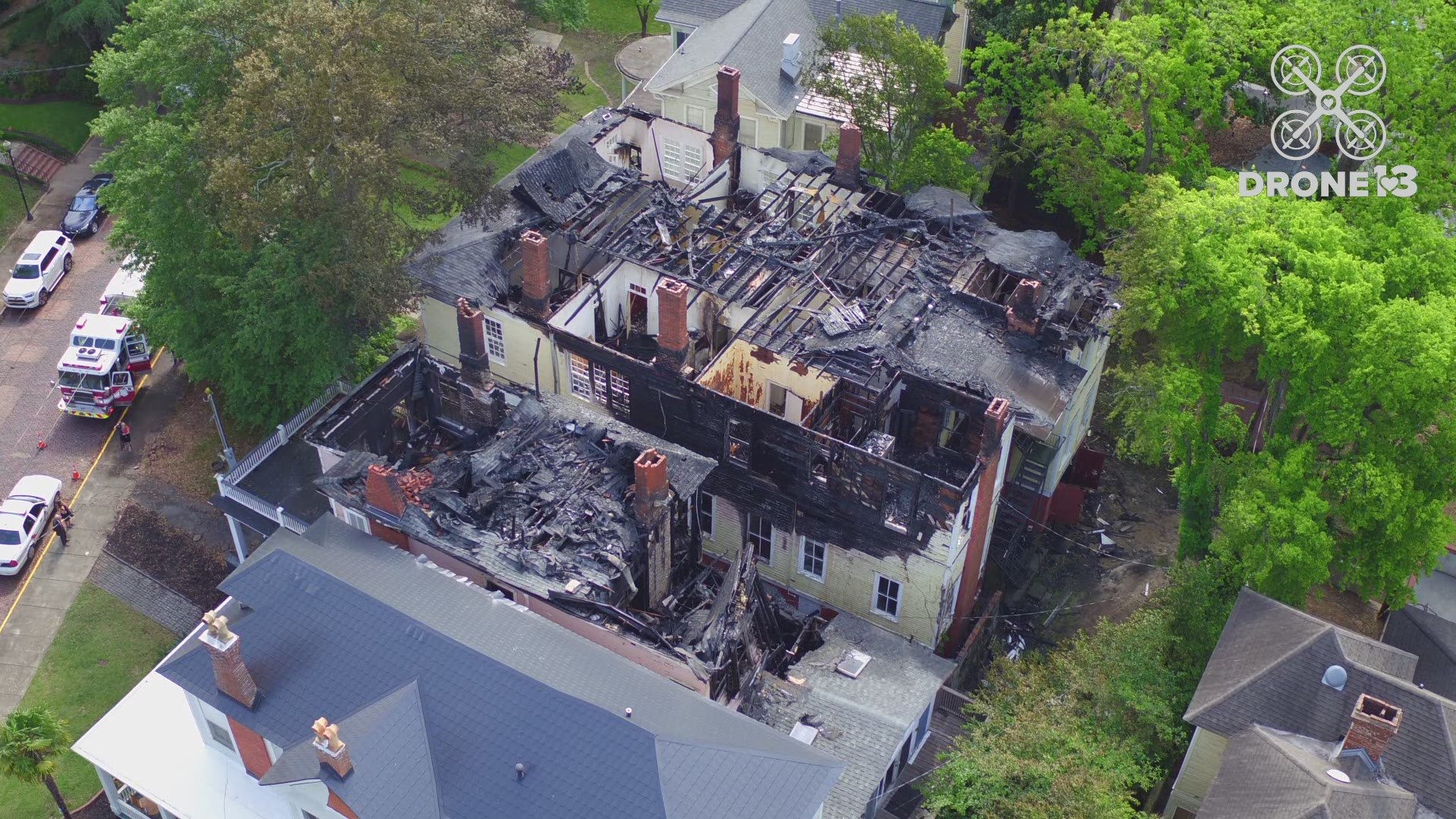 Three homes were damaged in a fire Wednesday night in downtown Macon near Orange and High Streets. The fire injured five firefighters from the Macon-Bibb Fire Department.