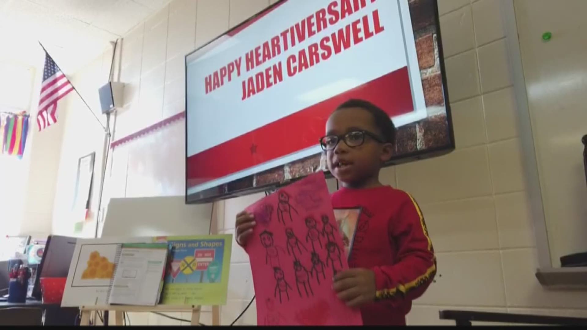 Jaden Carswell underwent a heart transplant at age 3. Now 6 years old, his teachers, family, and classmates threw him a surprise party for his 4th 'Heartiversary.'