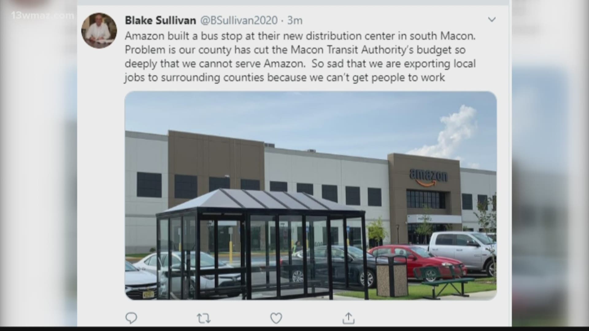 Businessman Blake Sullivan, who plans to run for mayor, posted a tweet saying Amazon built a bus stop at their new distribution center in south Macon. He says the problem is the county has cut Macon Transit Authority's budget so deeply that they cannot serve Amazon. Is this true?