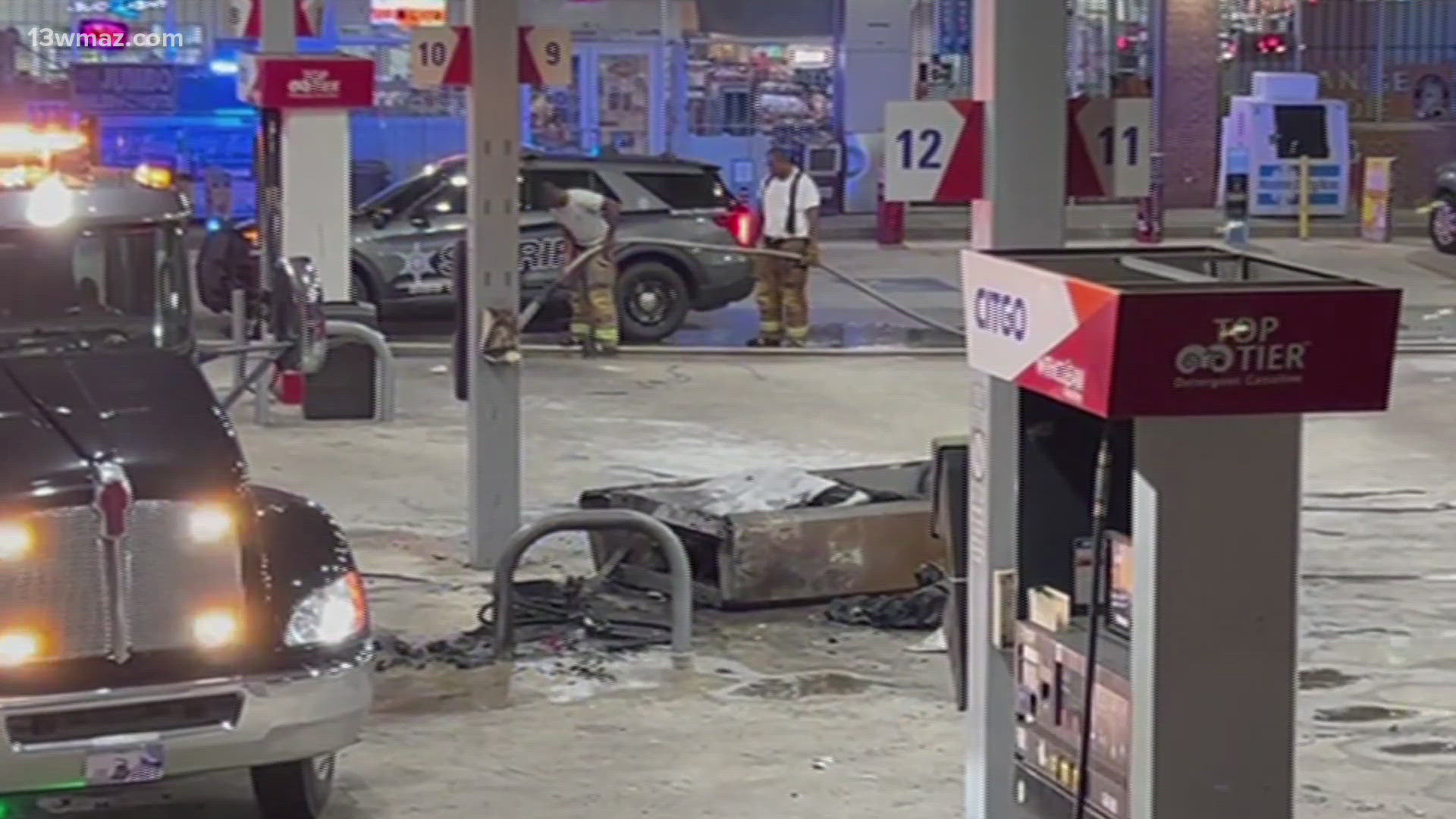A car crashed into a gas pump at a Citgo in Macon on Thursday night, setting one of the gas pumps on fire. No one was hospitalized by the crash.