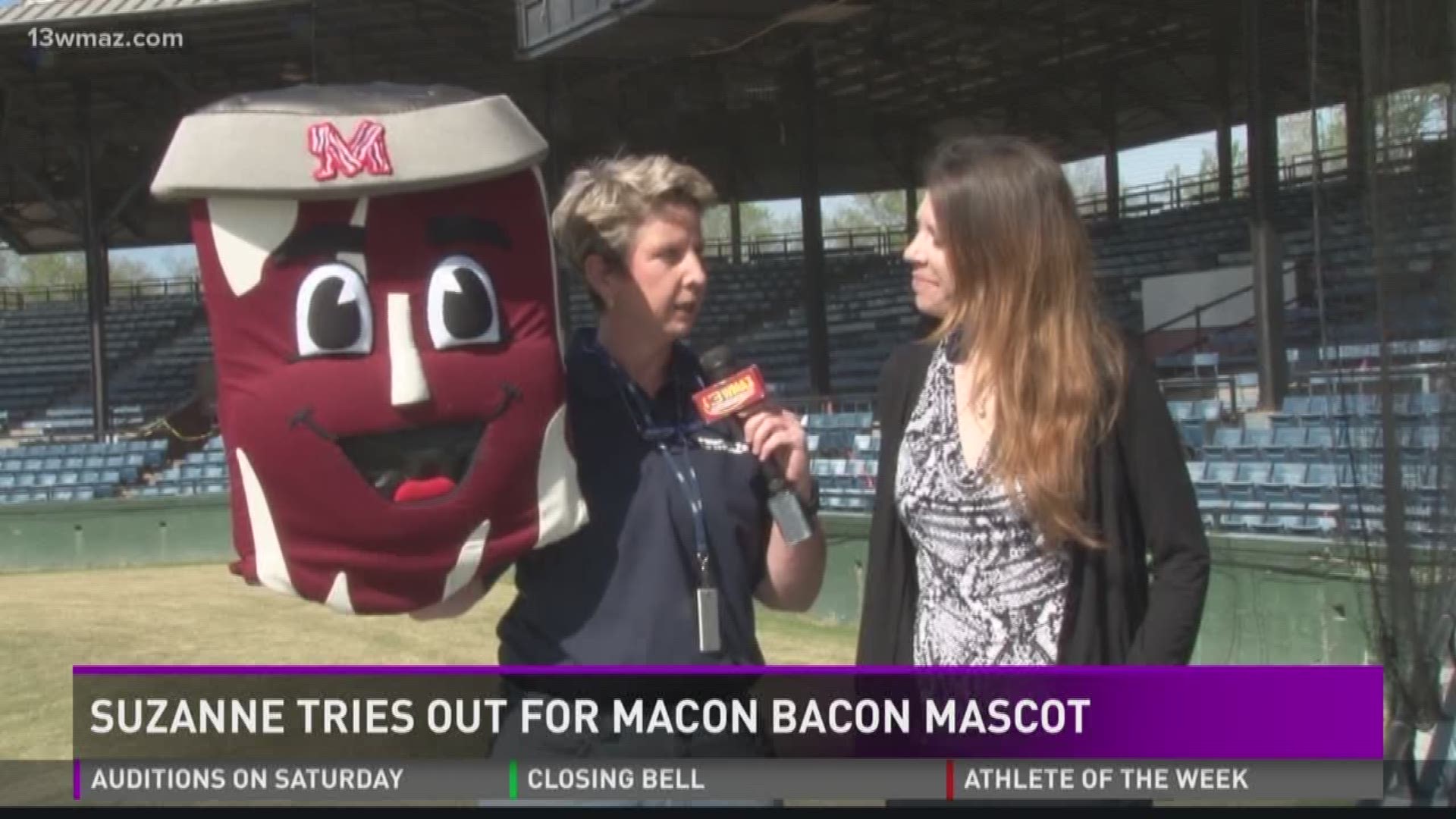 Suzanne tries out for Macon Bacon mascot