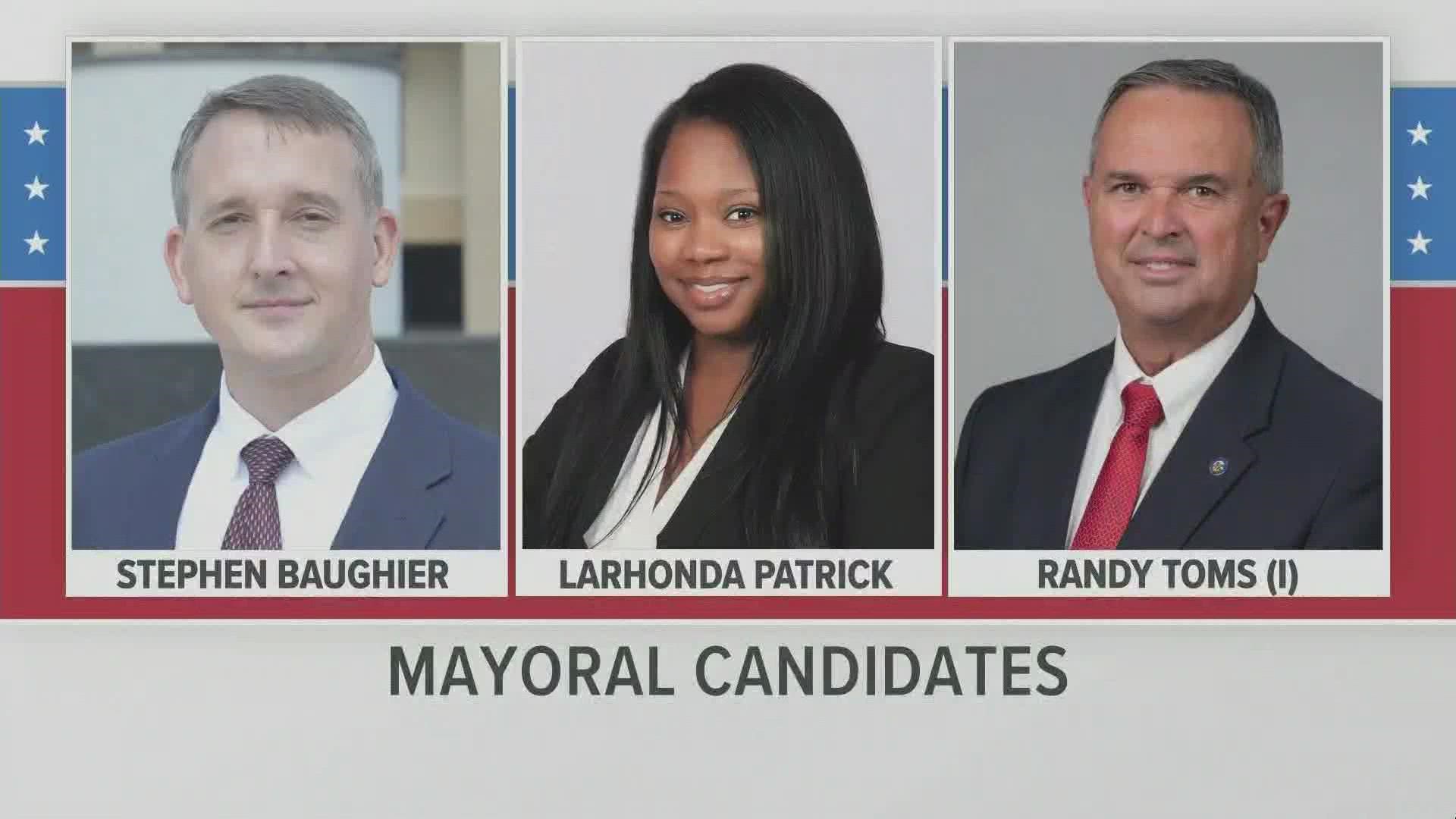 Current Mayor Randy Toms faces challengers LaRhonda Patrick and Stephen Baughier in the race.