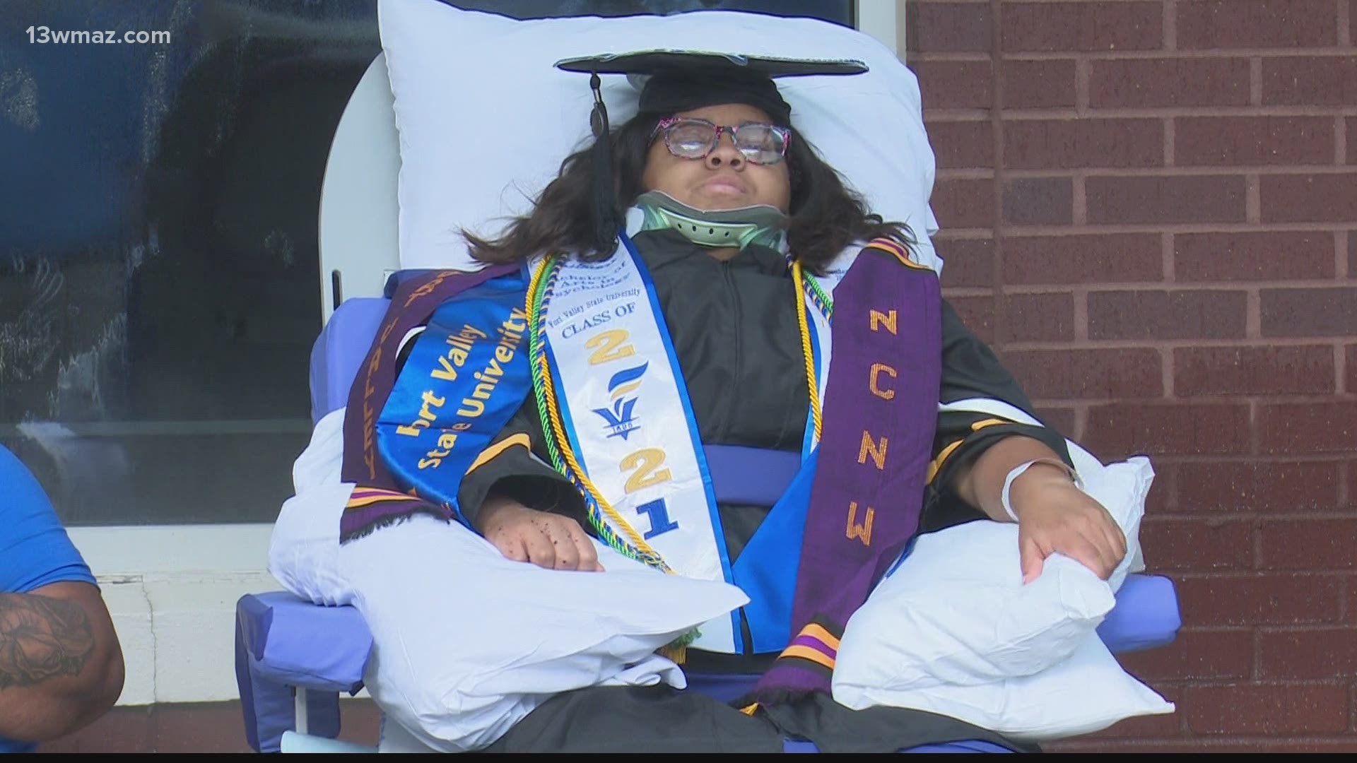 Asia Whitmore was hospitalized because of a car accident, but Wednesday, she was able to receive her diploma in an outdoor ceremony at Atrium Health Navicent