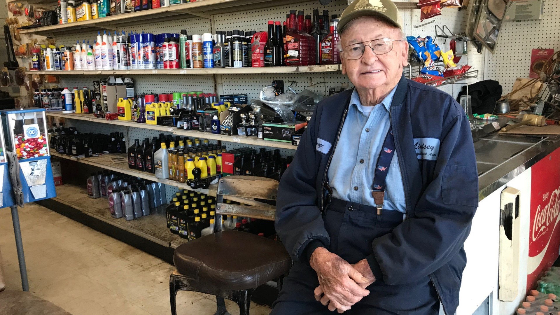 George Lindsey, who owns Lindsey's Hardware & Auto in Rentz, still pumps gas and chats with customers every day