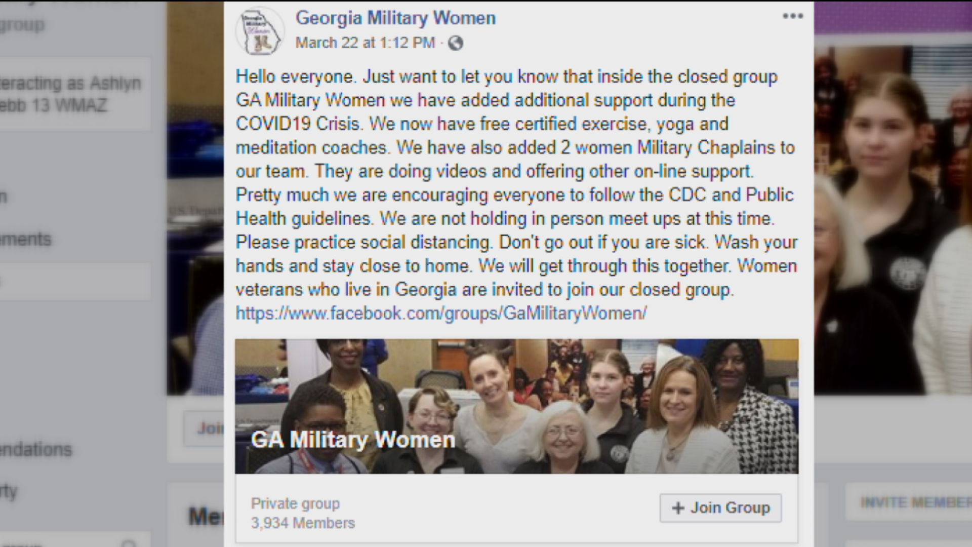 The Facebook group offers yoga, meditation and spiritual care groups for female veterans in Georgia