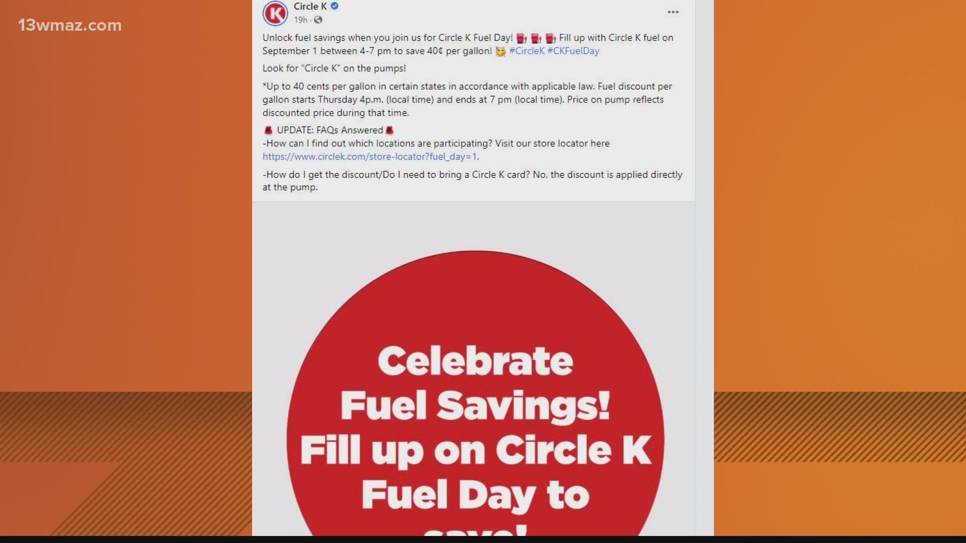 On September 1, Circle K is offering savings of 40 cents off per gallon, between 4 - 7 p.m.