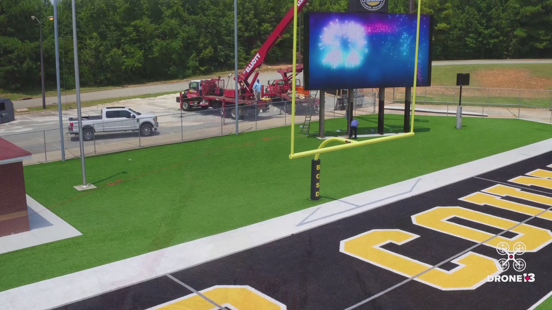 With Football Friday Night just around the corner, our #Drone13 crew checked out the crews installing and testing Bibb County's new football video scoreboard.