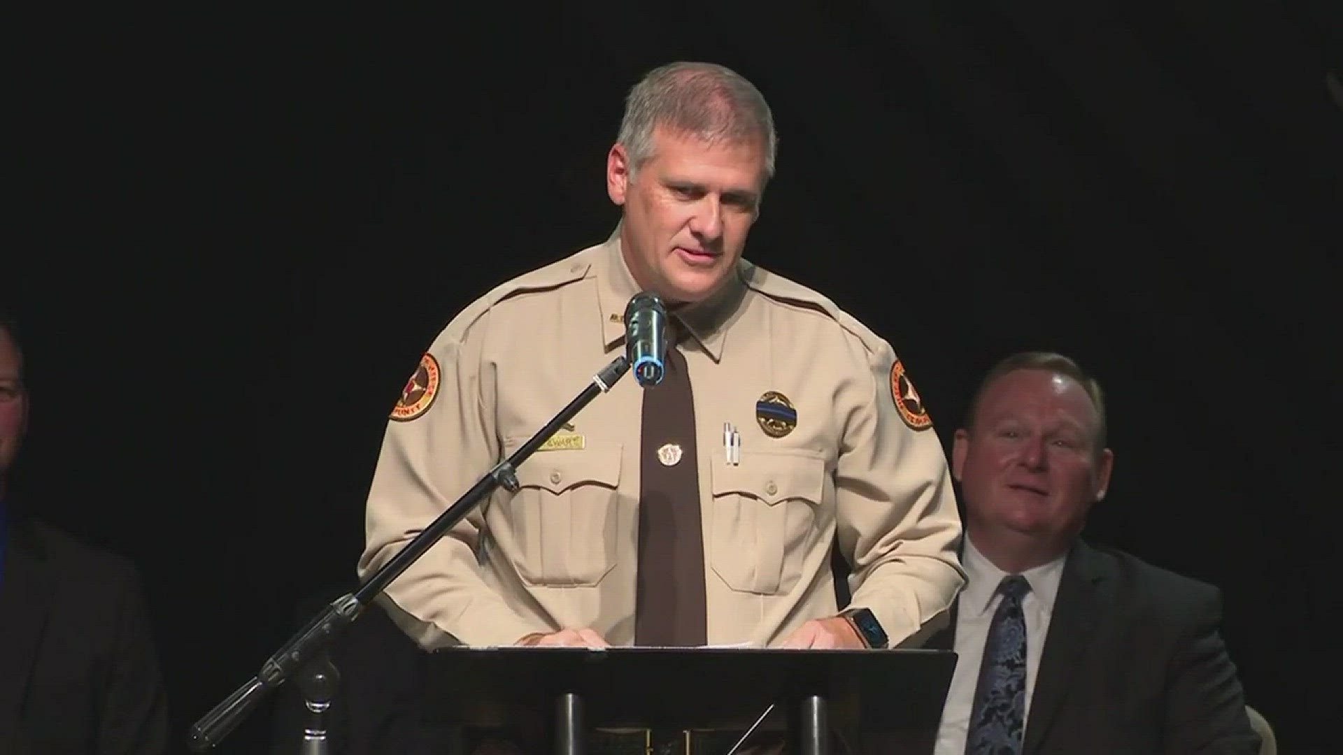 Peach County Sheriff's Office Chaplain Brian Stewart speaking at Sgt. Patrick Sondron's funeral talks to officers about being prepared "for battle."