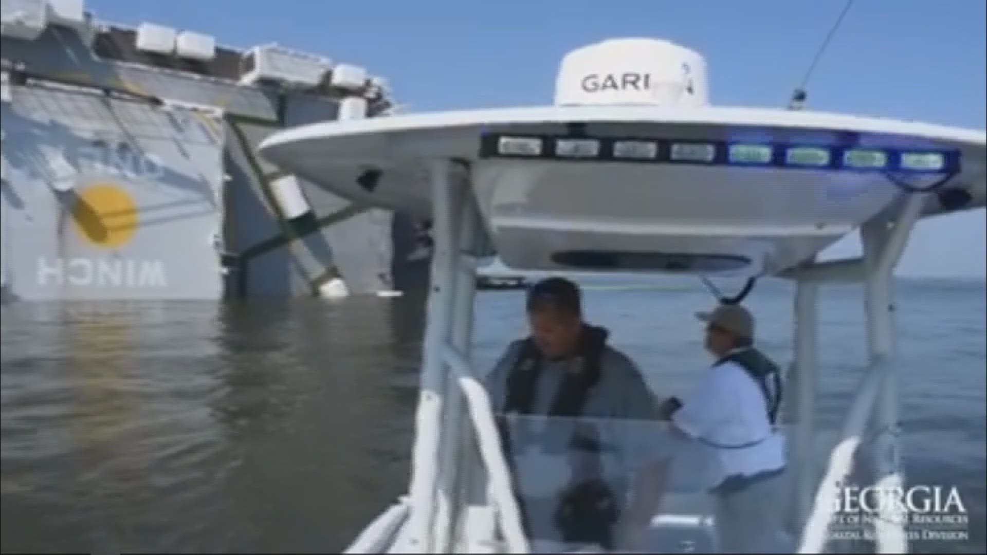 The M/V Golden Ray, a cargo ship, overturned near St. Simons Island off the coast of Georgia early Sunday morning. As of Sunday afternoon, 20 crew members were rescued and the Coast Guard was still looking for four more. Courtesy of the Georgia Department of Natural Resources.