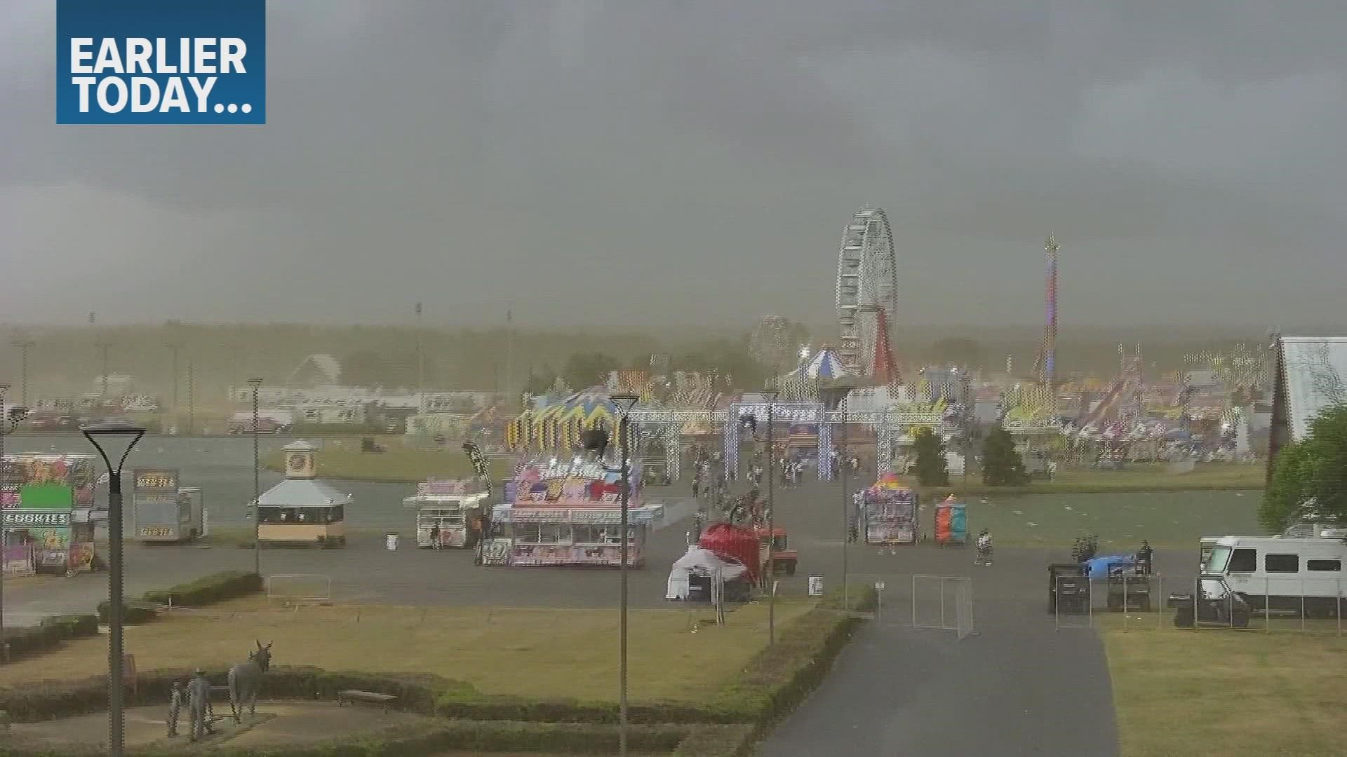 A gust front blew through the Georgia National Fairgrounds before storms arrived Sunday.