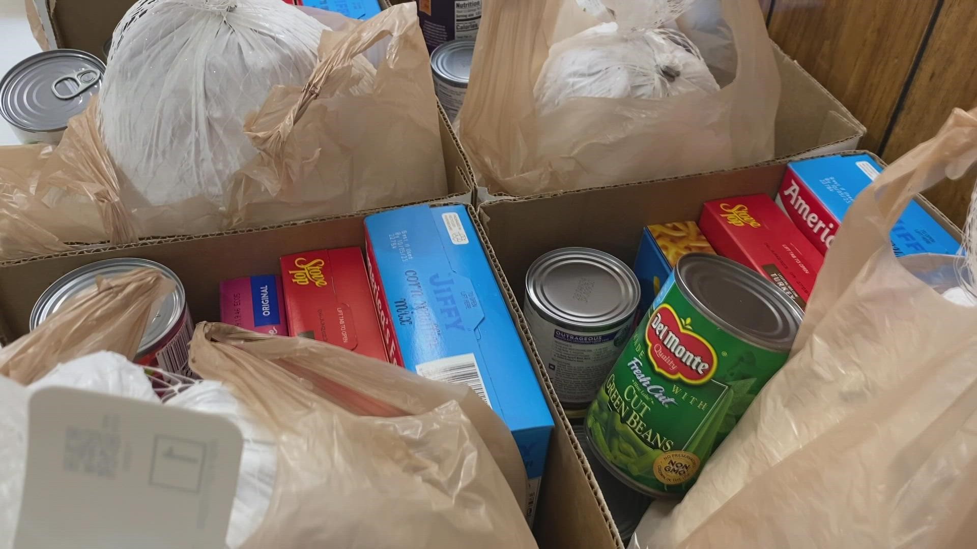 A Turkey, canned goods, gravy, stuffing were a part of the assorted goods they gave away.