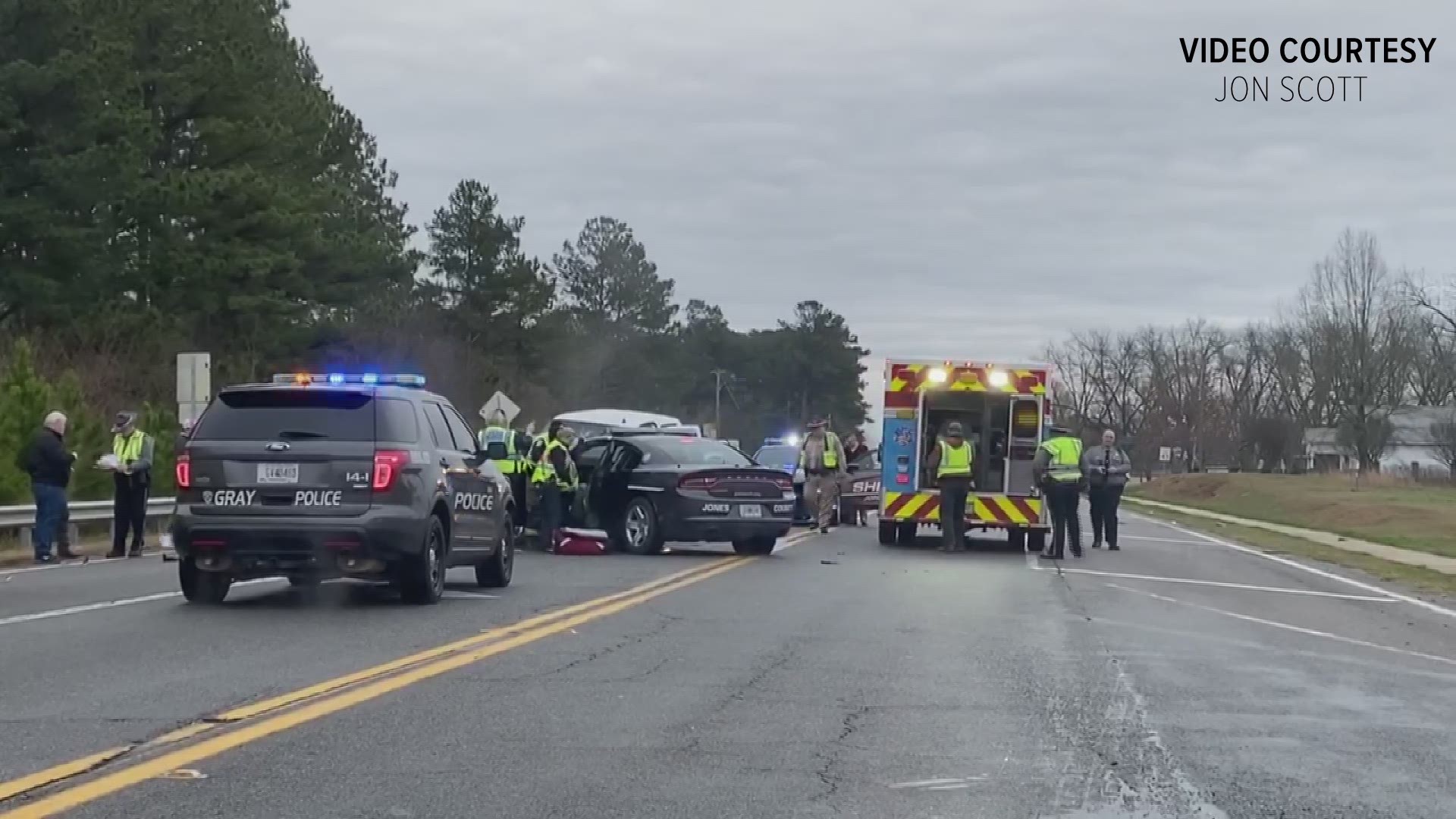 A Jones County deputy and another driver were hospitalized after a three-car accident Saturday afternoon.
