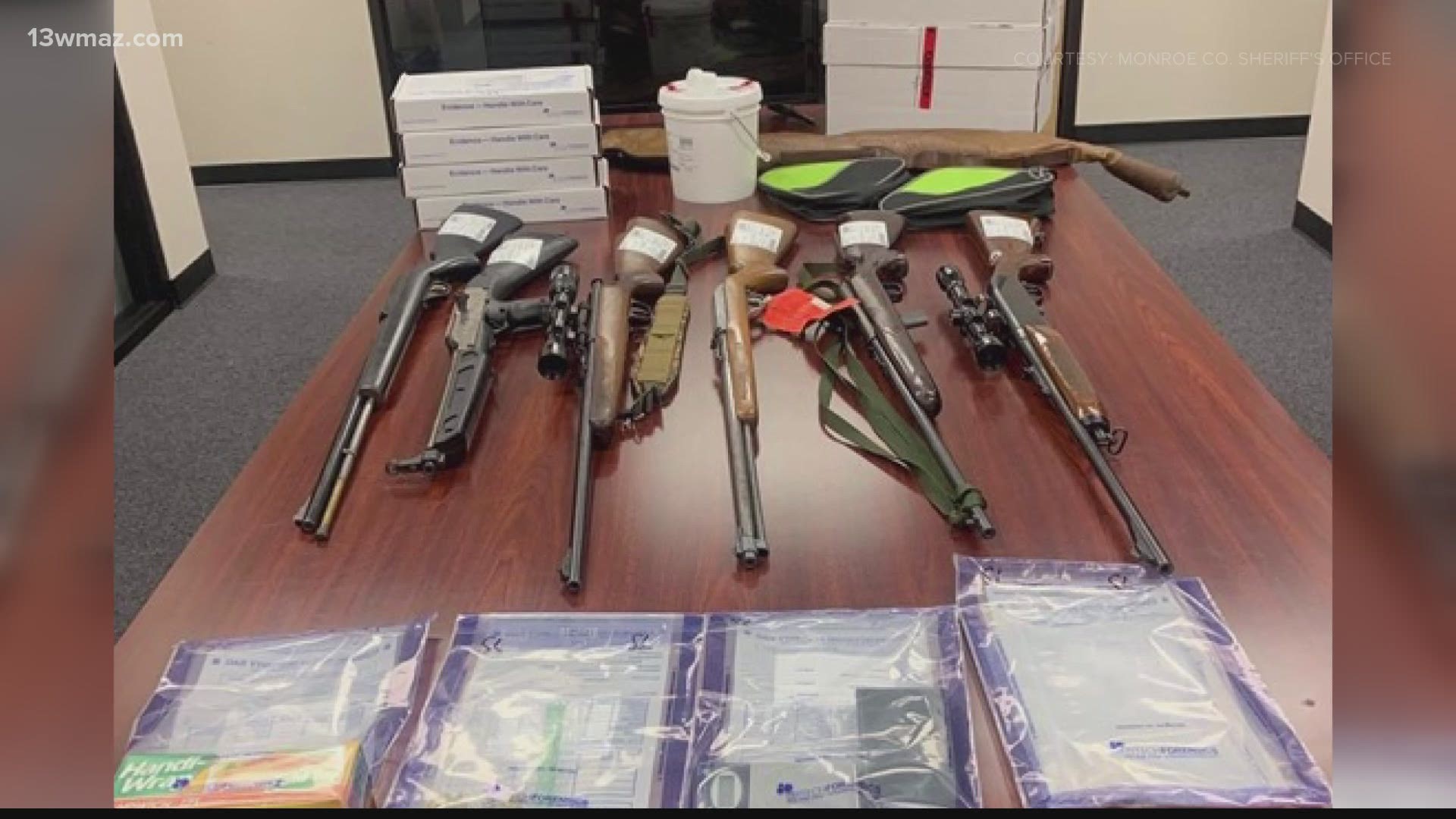 10 guns, along with methamphetamine and marijuana, were found in a home on Ham Road on Wednesday.