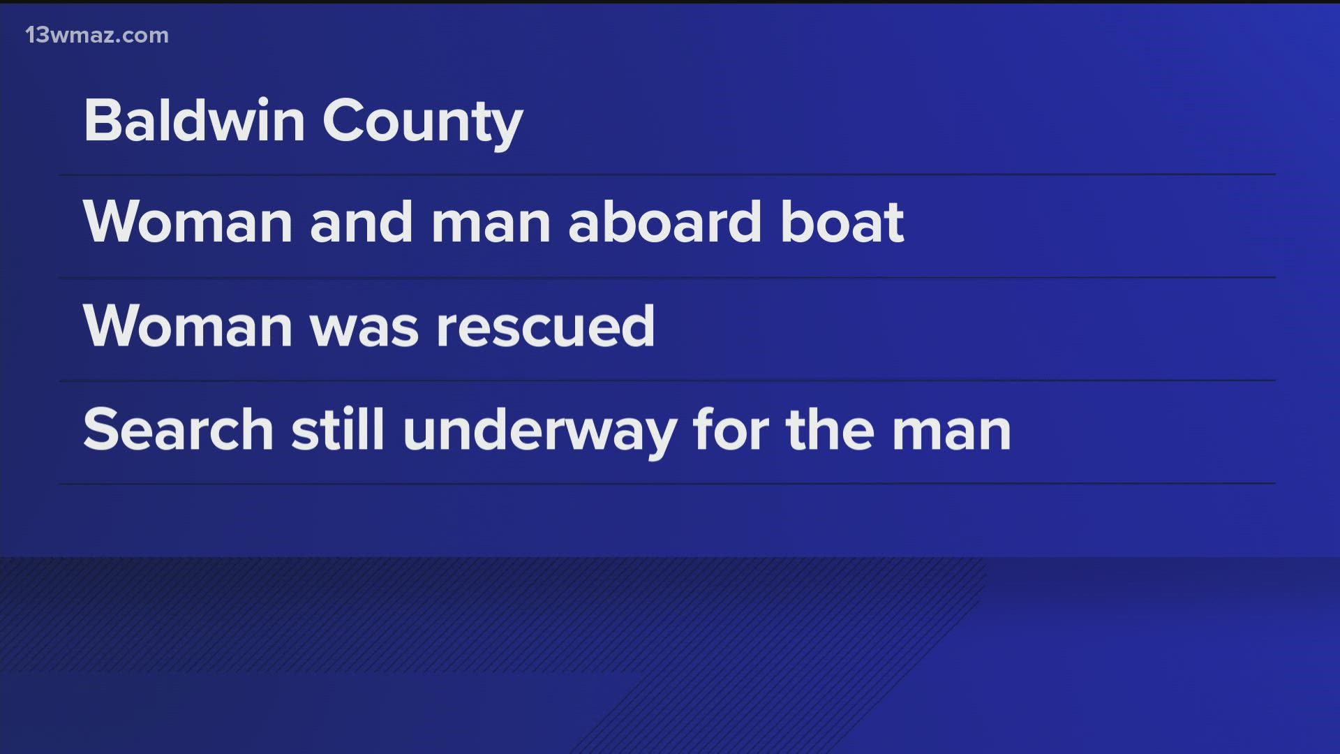 Crews in Baldwin County rescued one person and are searching for another after a boat sank on Lake Sinclair Tuesday night.