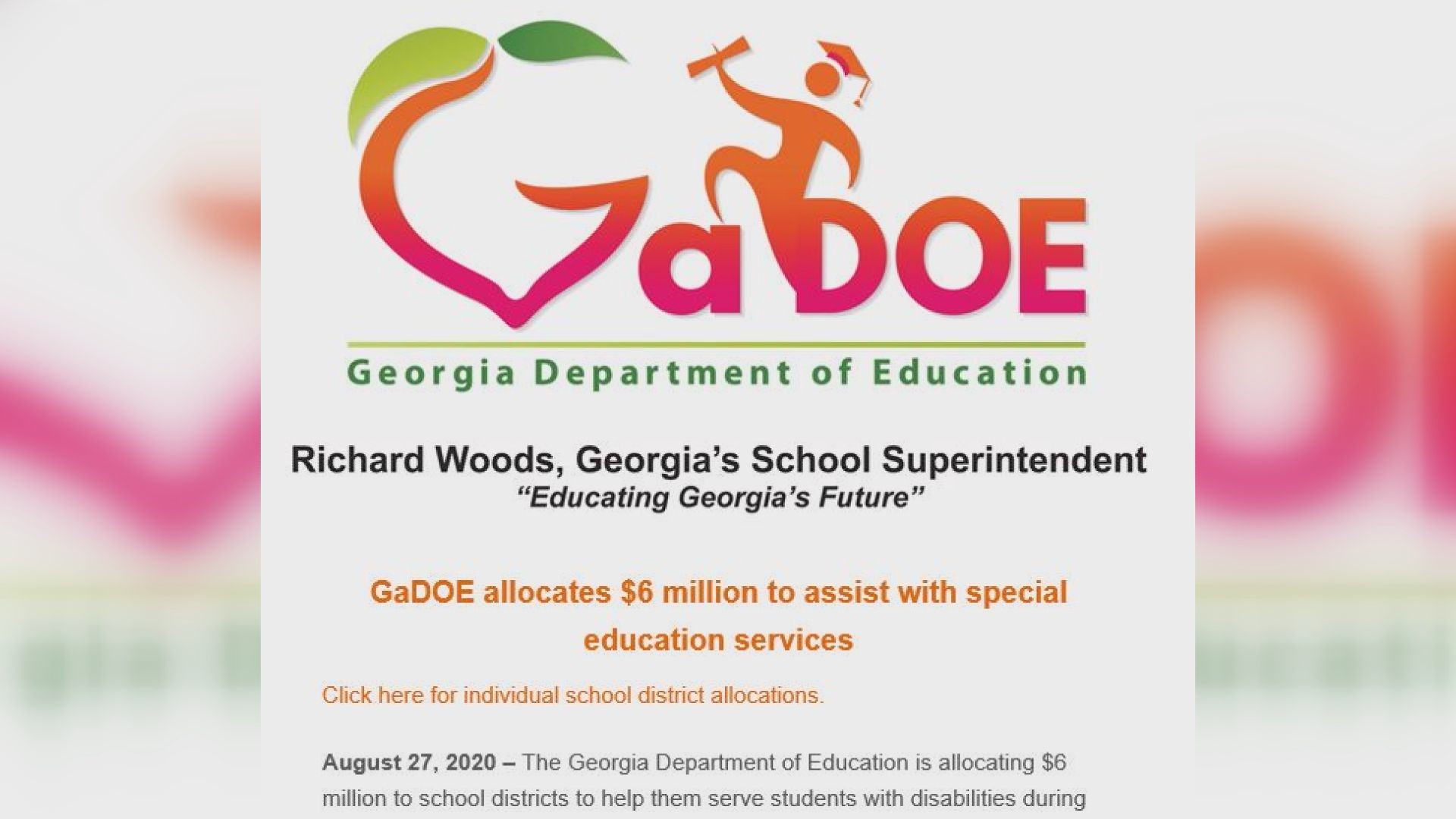 Georgia Department of Education gave $6 million to help school districts with special education services during COVID-19.