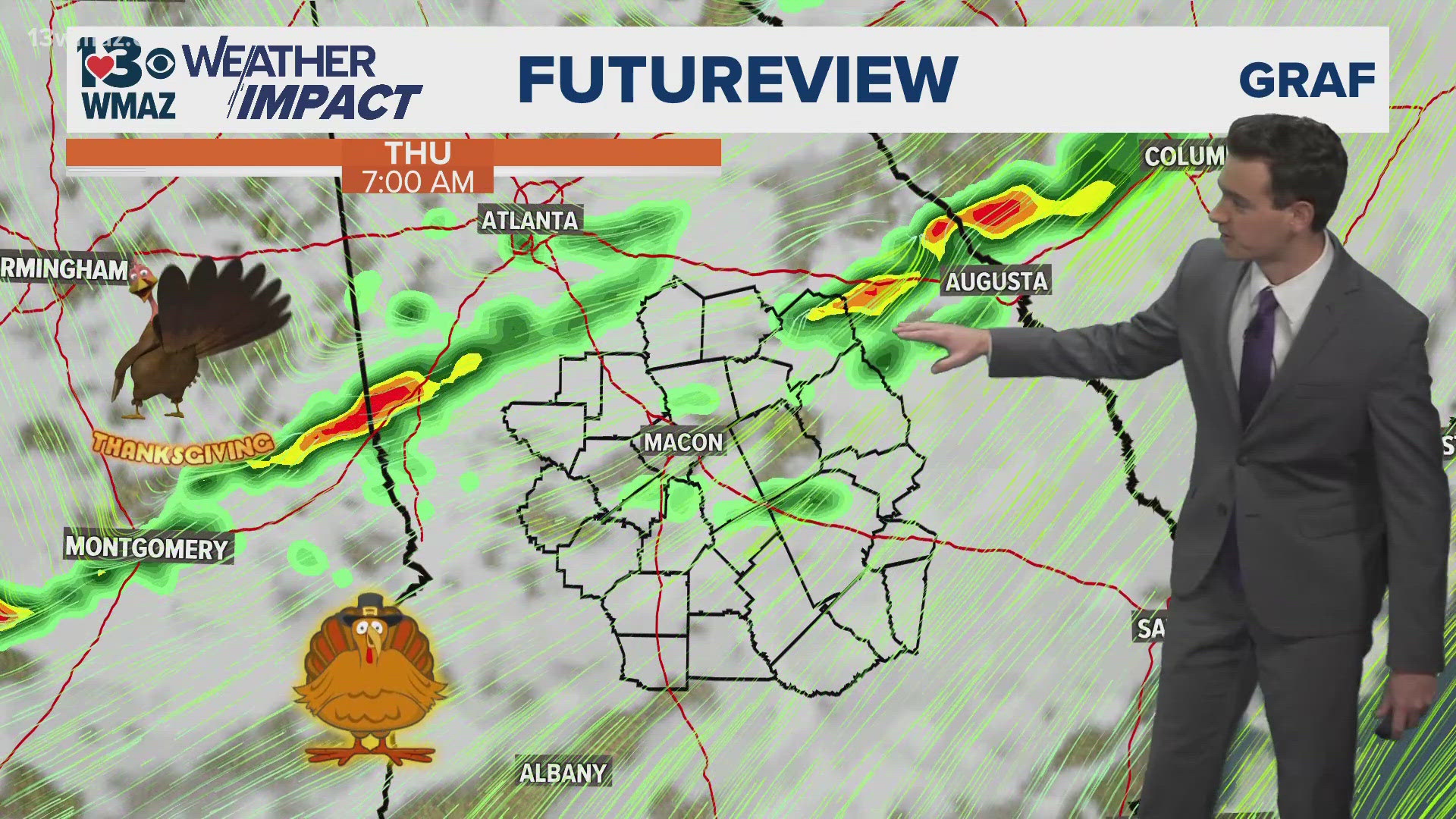 Showers are likely and a strong storm or two is possible as a front moves through Thanksgiving morning.