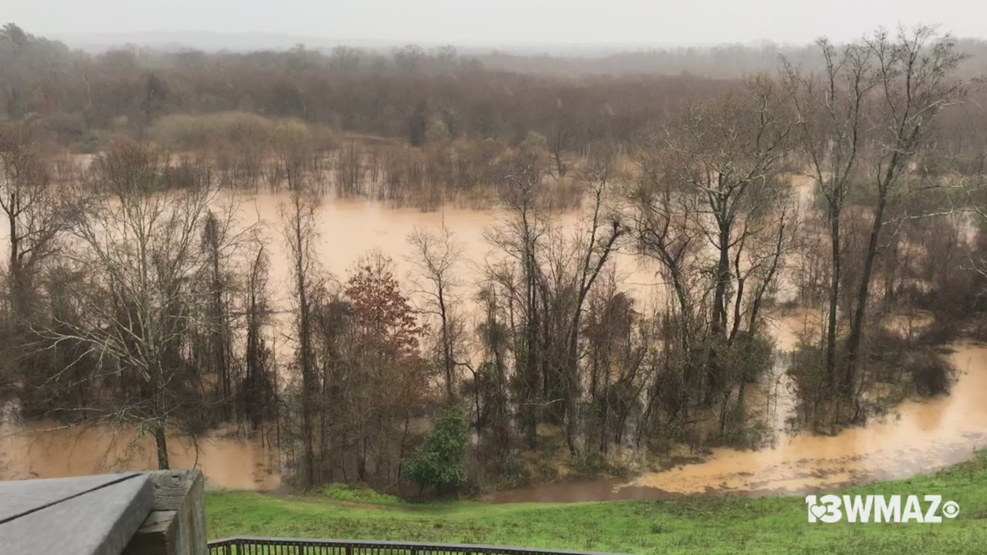 Heavy rainfall throughout the week is causing the Ocmulgee River to flood into Ocmulgee Mounds National Historical Park, closing trails.