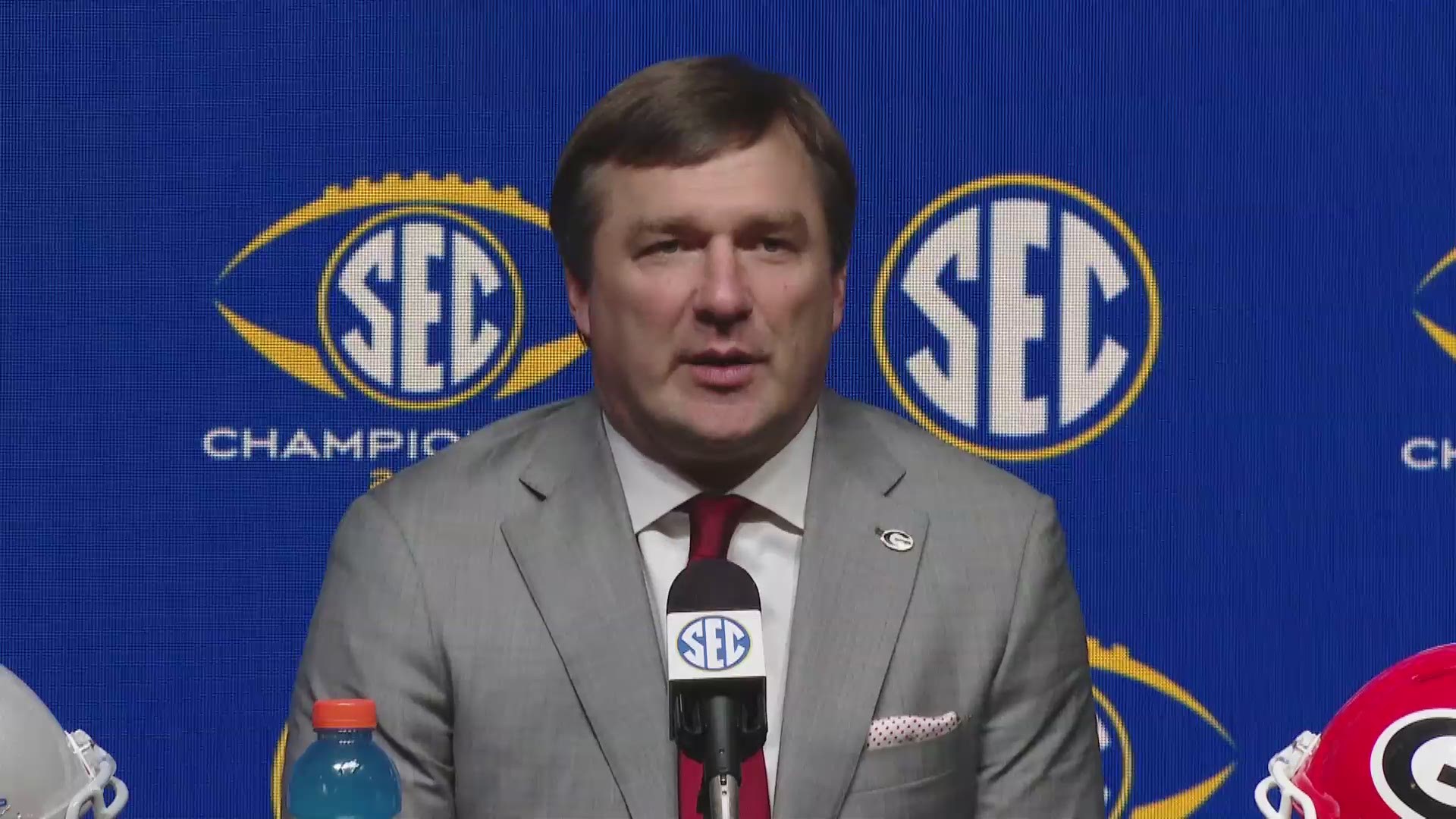 Georgia Bulldogs football head coach Kirby Smart spoke to the media before the SEC Championship game in Atlanta. UGA faces the LSU Tigers for the SEC title