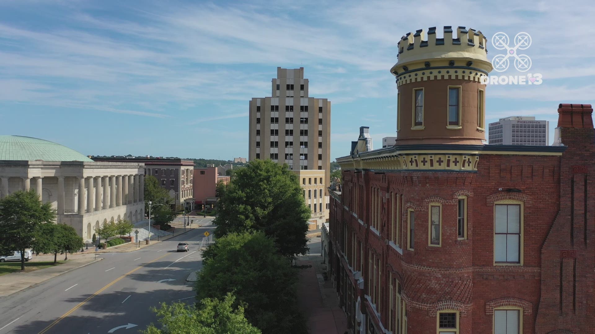 From its vantage over Rosa Parks Square, Drone 13 can take in a number of historic buildings and well-known spots in downtown Macon.
