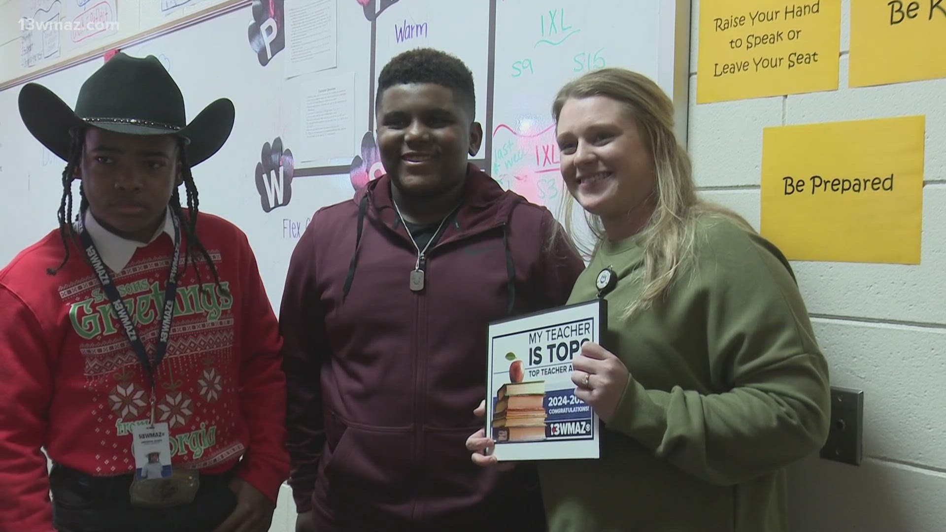 Monroe County Middle School claims another My Teacher is Tops award! Junior Journalist Amarion Jones made the trip to Forsyth for the surprise.