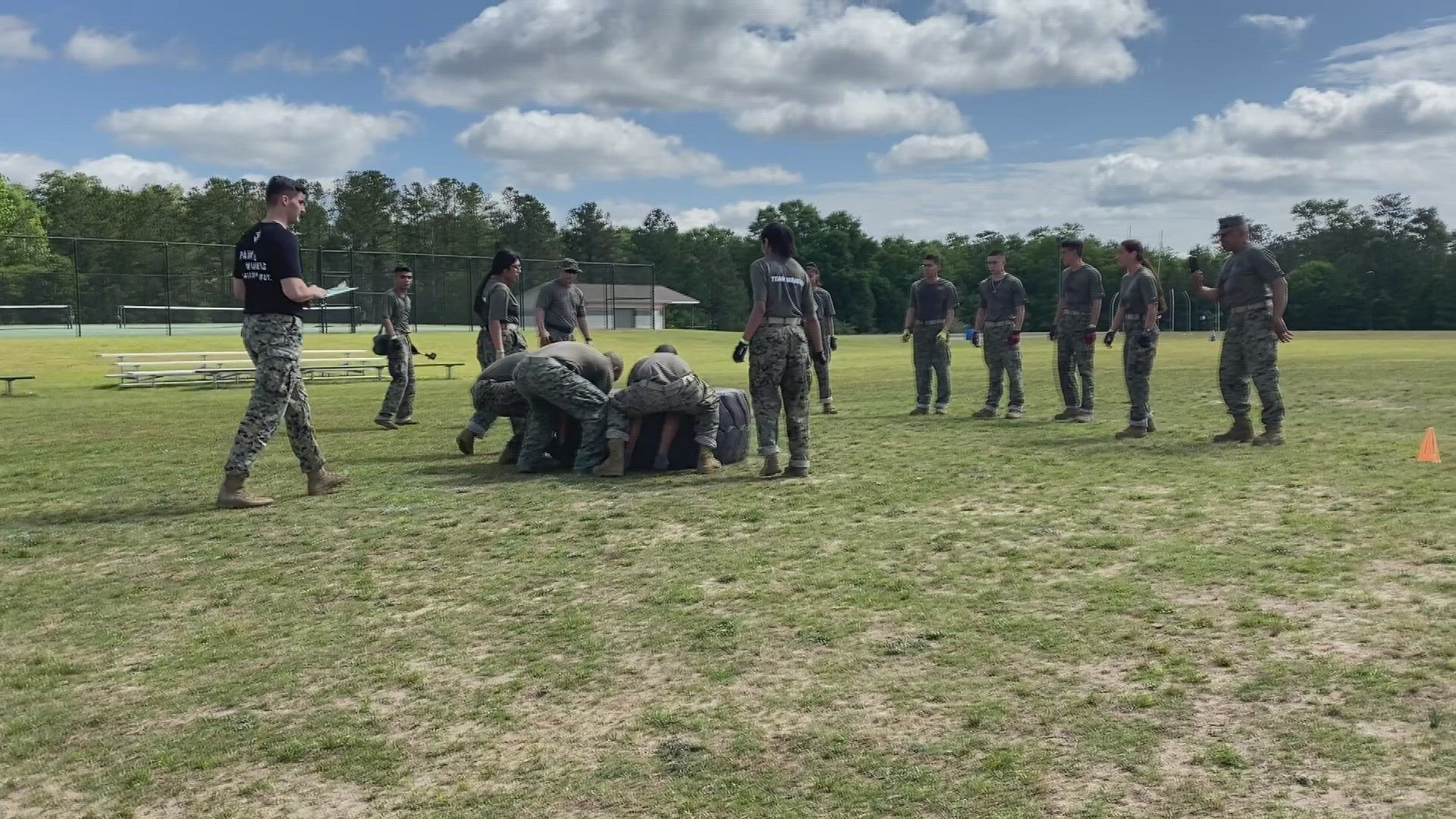 The series of challenges kicked off with a team run, followed by a tire flip, fitness course, rope bridge, and more.