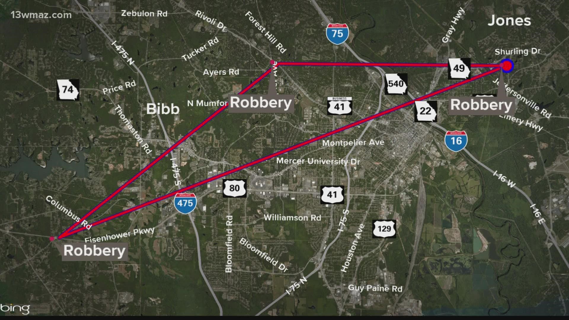 The Bibb County Sheriff's Office have not said whether they believe the robberies are connected.