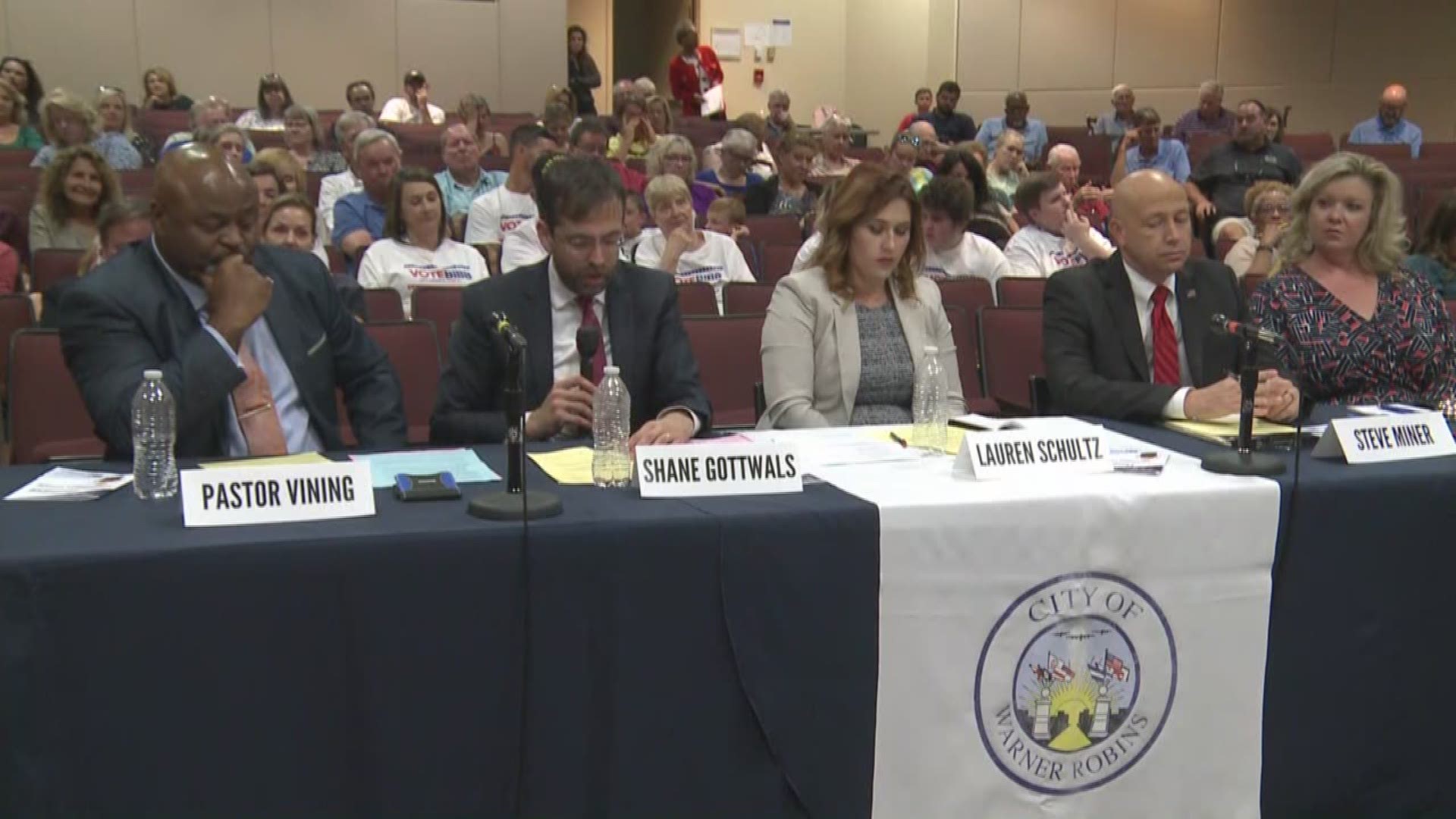 People in Warner Robins heard from city council candidates in a Robins Regional Chamber political forum at the Central Georgia Technical College auditorium.