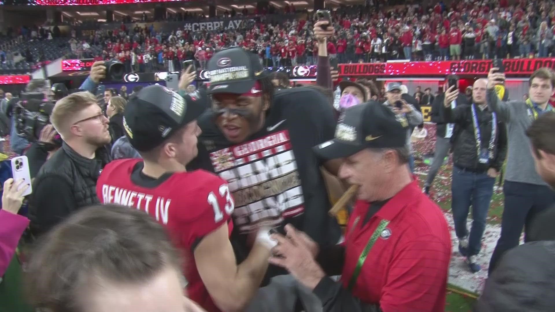Sights and sounds from the field following the Georgia Bulldogs' win in the 2023 College Football Playoff National Championship.