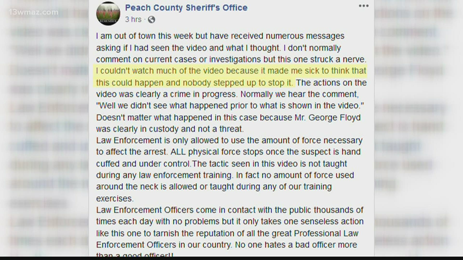 A couple of Central Georgia sheriffs took to Facebook to condemn the actions of the Minneapolis officers involved in George Floyd's death.