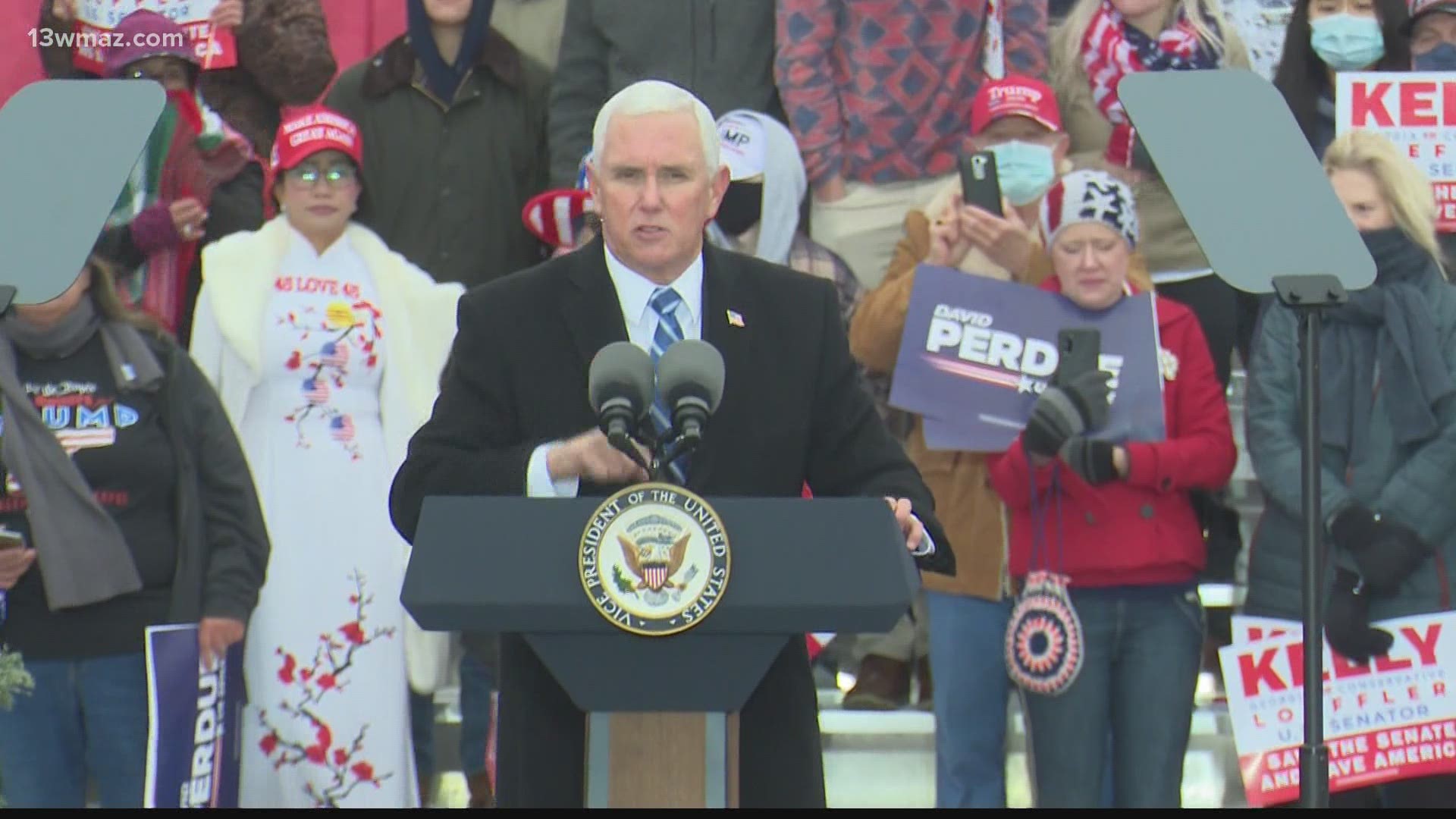 VP Mike Pence stopped by the Middle Georgia Regional Airport Thursday for a Defend the Majority rally in support of Sens. David Perdue and Kelly Loeffler